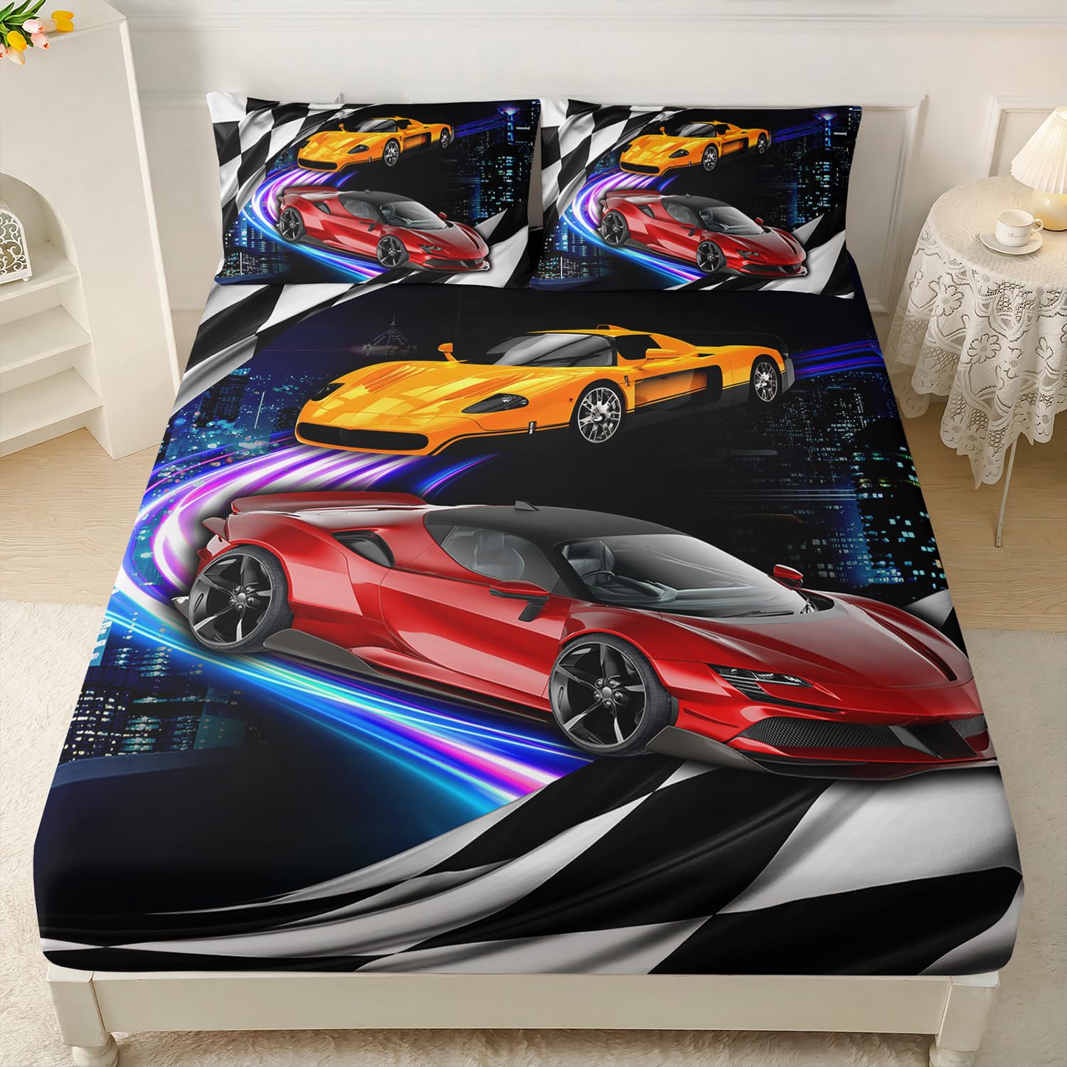 AILONEN Racing Car Fitted Sheet Set Twin Size,Black and White Grid Bed Sheet Set for Kids Boys Teen,3 Pieces Extreme Games Race Car Sheet Set for Room