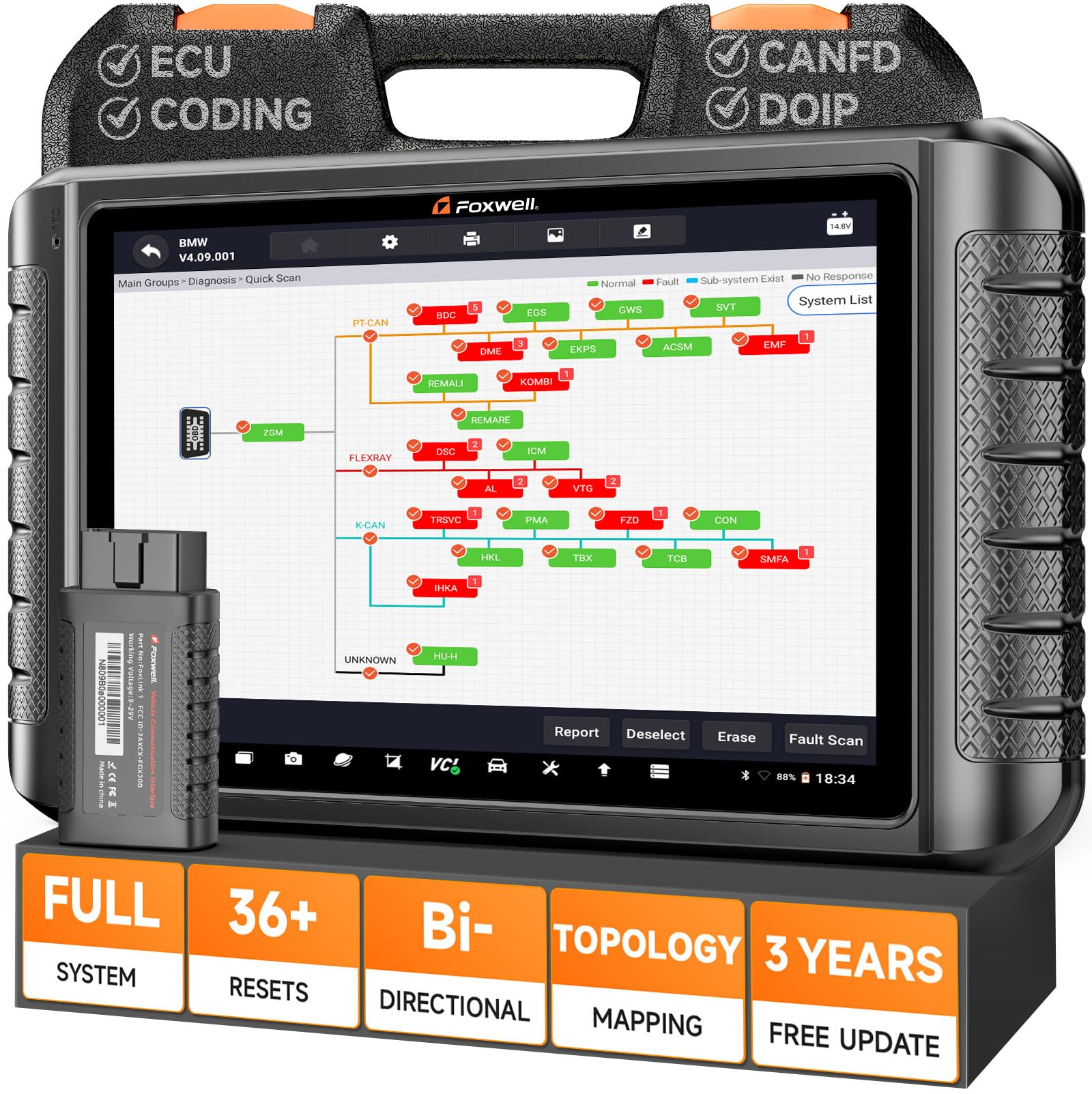 FOXWELL NT1009 All-System Bi-Directional Scan Tool with All Reset Services, Topology Mapping, V.A.G Guide & FCA SGW Support, CAN-FD DoIP Diagnostic Scanner for All Cars, 3-Year Free Updates