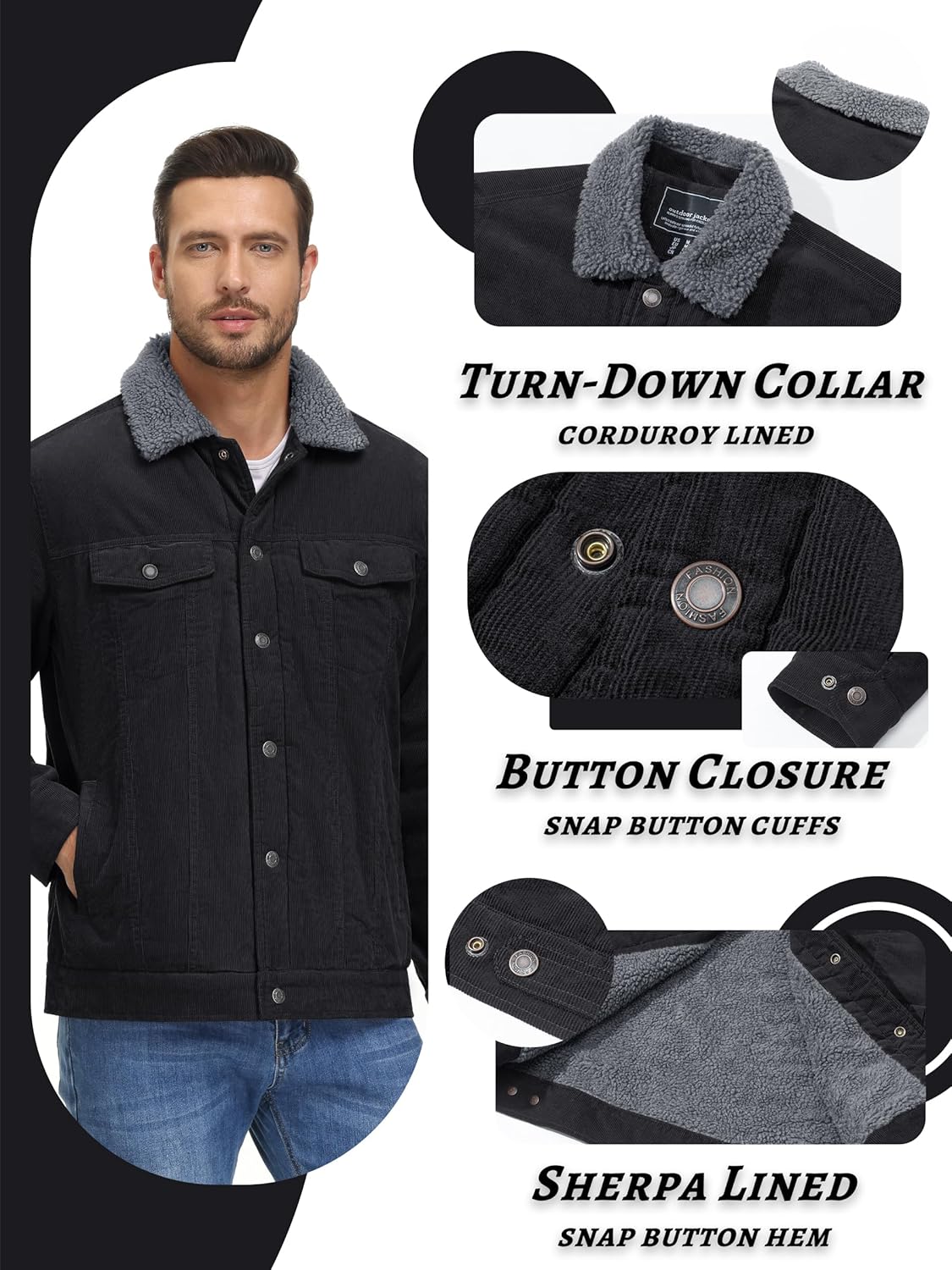 KEFITEVD Men's Corduroy Jacket Sherpa Lined Fleece Trucker Jackets Winter Coat Warm Thick Jacket for Casual Work Cargo - Image 6