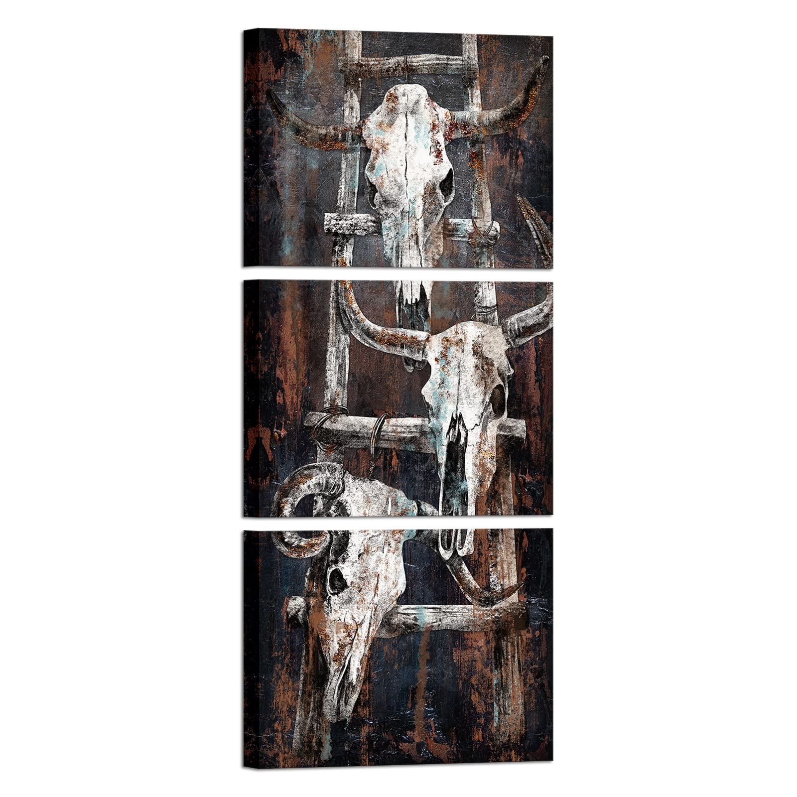 WELMECO Rustic Brown Longhorn Cow Skull Painting Giclee Canvas Prints Art Retro Western Farmhouse Theme Picture Vintage Artwork for Home Living Room Bedroom Wall Decoration Ready to Hang (12x16x3)