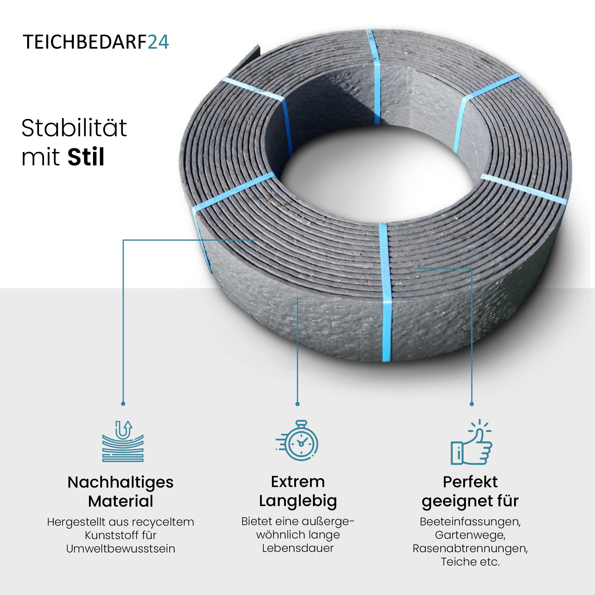 TeichVision – Stabile Rasenkante Kunststoff - Stärke 7mm (14 cm hoch x 20 m lang)/ Beetumrandung/Beeteinfassung Kunststoff/Mähkante/Beetbegrenzung/Flexible Rasenkante rund