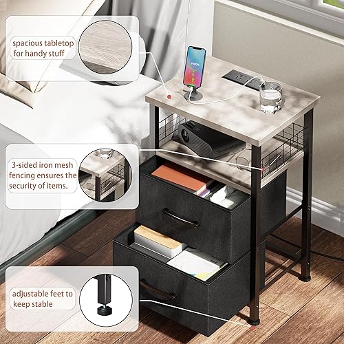 Miniatura 53 de Juego de 2 mesitas de noche con estación de carga, juego de 2 con tira de luz LED de 20 colores, 3 cajones de tela, mesita de noche con puertos USB