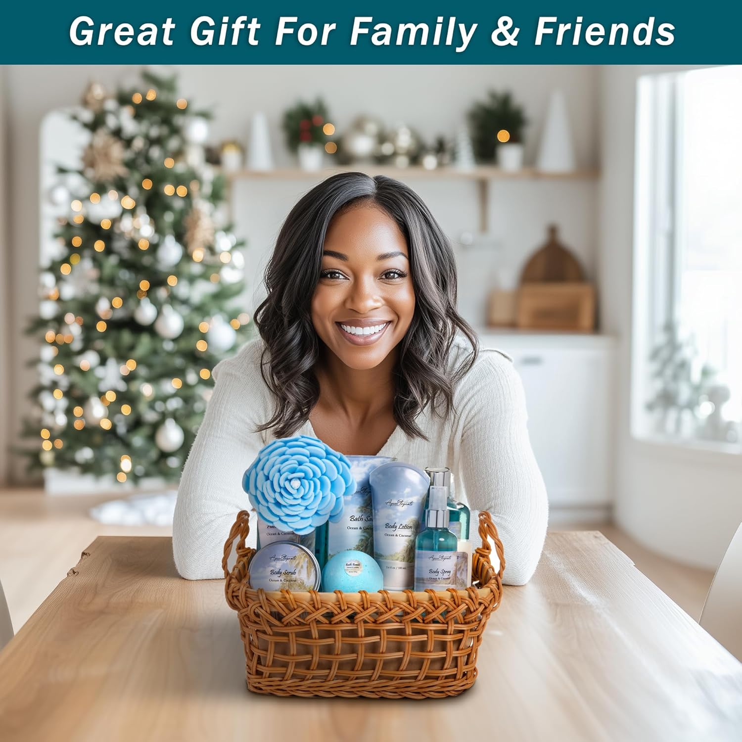 Spa Baskets For Women - Luxury Bath Set With Ocean & Coconut - Spa Kit Includes Wash, Bubble Bath, Lotion, Bath Salts, Body Scrub, Body Spray, Shower Puff, Bathbombs, Soap and Towel - Image 3
