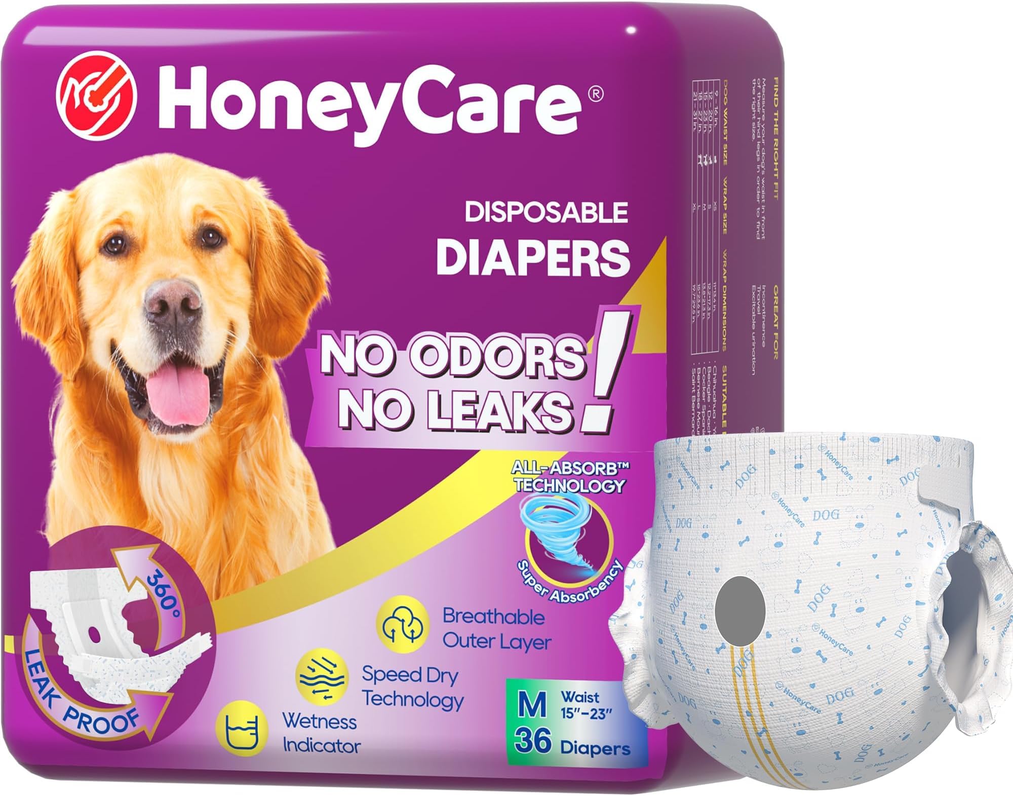 HONEY CARE All-Absorb Disposable Female Dog Diapers M Size, Improved Bigger Size, Super Absorbent, Breathable, Wetness Indicator,36 Count (Pack of 6)