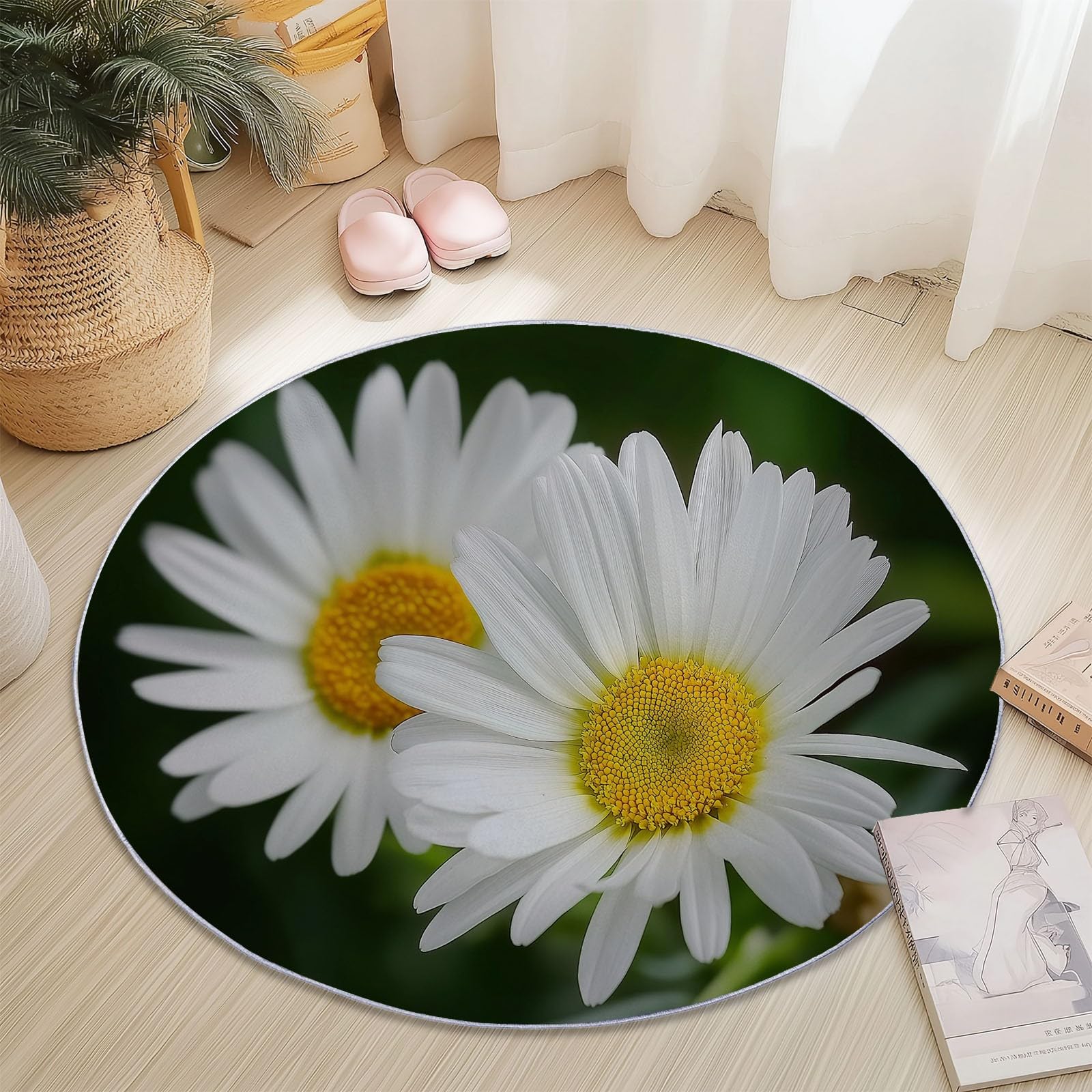 Tapis imprimé marguerite florale jaune et blanc style scandinave