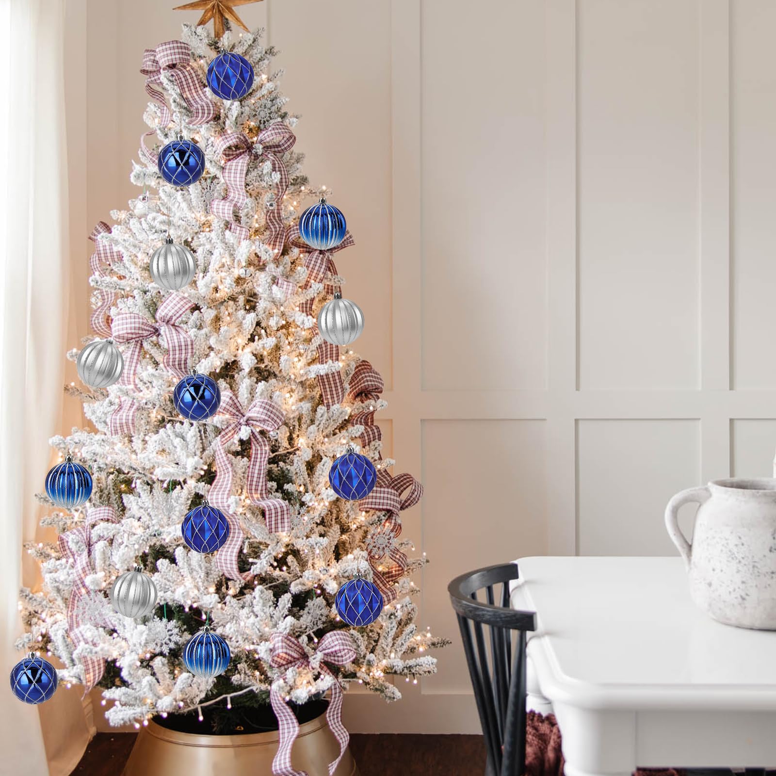 Set di 12 Baubles di Natale 8 CM - Decorazioni per Albero di Natale in Plastica Blu Scanalate