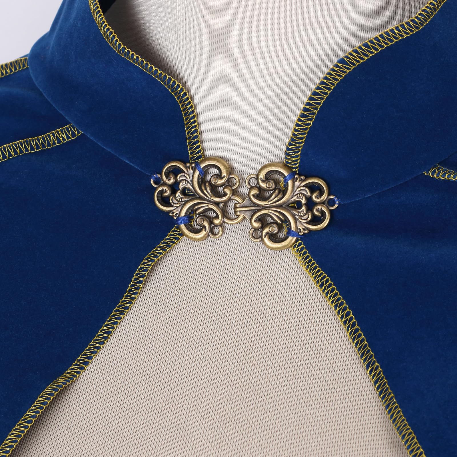 RRCBMD Womens Medieval Cloak Renaissance Victorian Deluxe Stand Collar Velvet Gold Trim Blue Cape for Adult Halloween Cosplay Dress Up 43.3Inch - Image 4