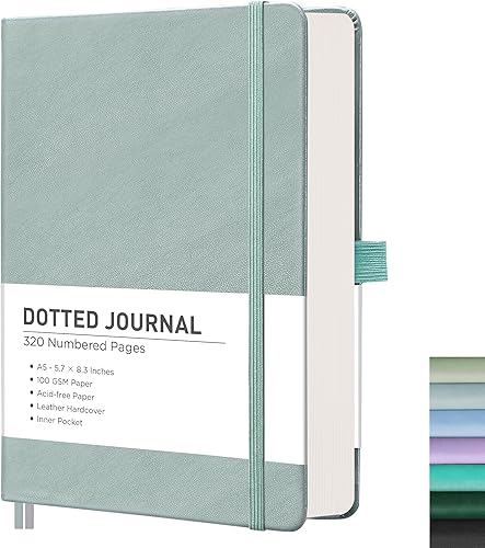 RETTACY Cuaderno de puntos Diario A5 con cuadrícula punteada con 320 páginas, papel premium de 3.53 ozm sin ácidos, tapa dura de cuero, bolsillo