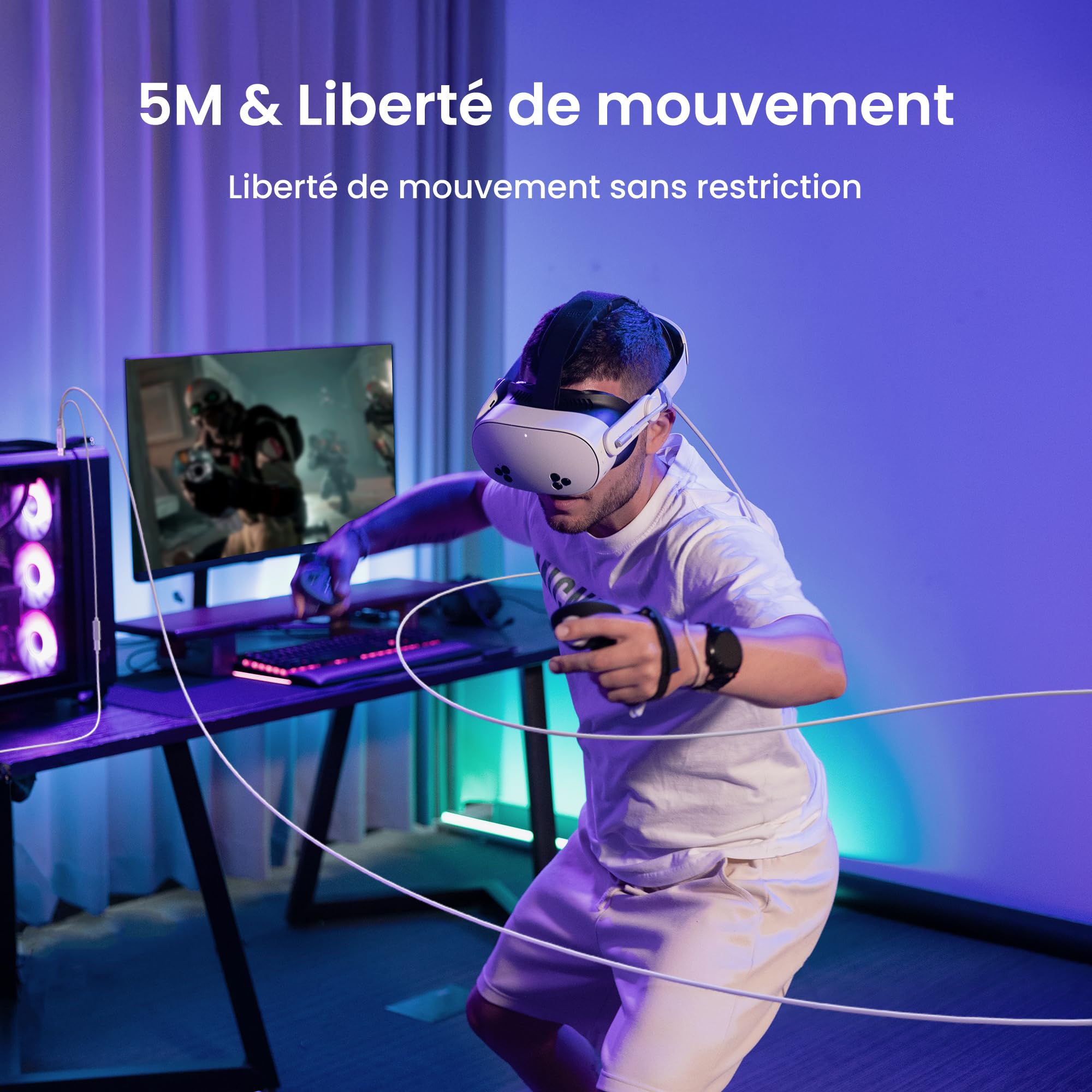 KIWI design Câble Link avec Chargement 5M Compatible avec Meta Quest 3s Quest 3 Quest 2/Pro/Pico 4 Accessoires et PC/SteamVR, Câble USB 3.0 à USB C Link avec Super Rapide 5 Gbps, pour Jeu Prolongé