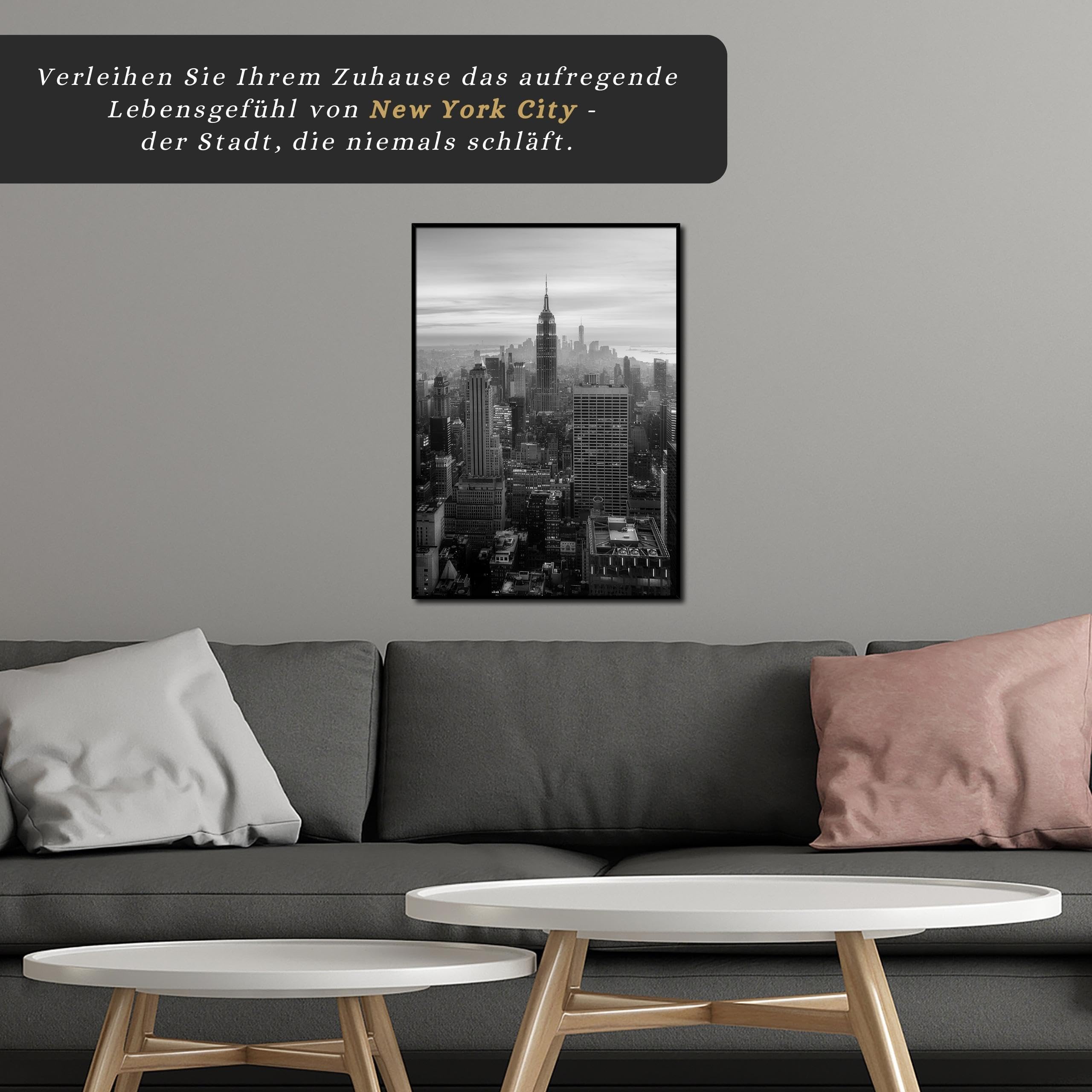 daazoo Bild New York Empire State Building mit Rahmen 50 x 70 cm (AUFHÄNGFERTIG) - Blick auf die Skyline von New York - Gerahmtes Wandbild - Bilder Set - schwarzweiß schwarzweiss schwarz weiss weiß