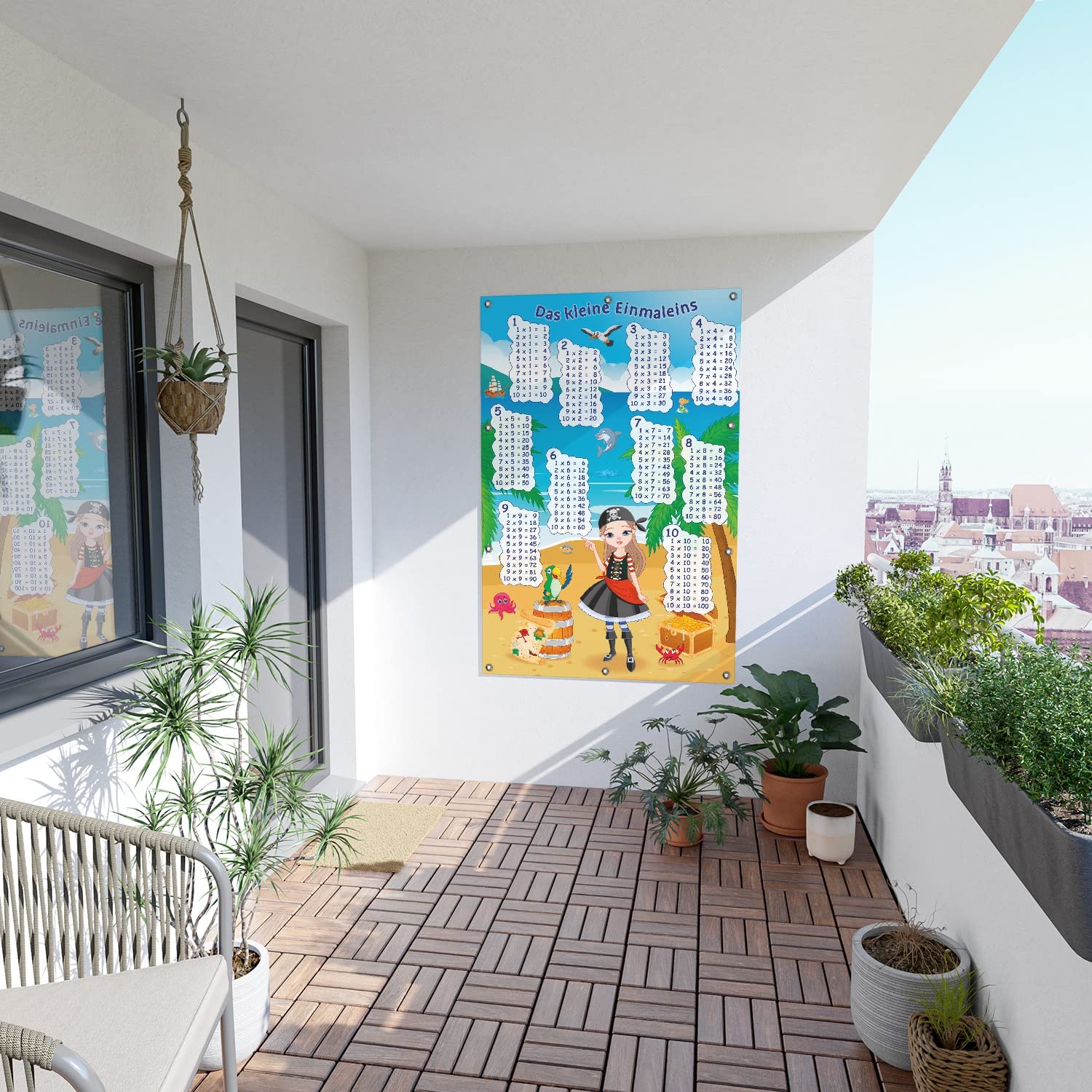 Wallario Outdoor-Poster für Garten oder Balkon Das kleine Einmaleins mit der Piratin, Motivbanner Größe: ca. 100 x 150 cm, Outdoor-Bild