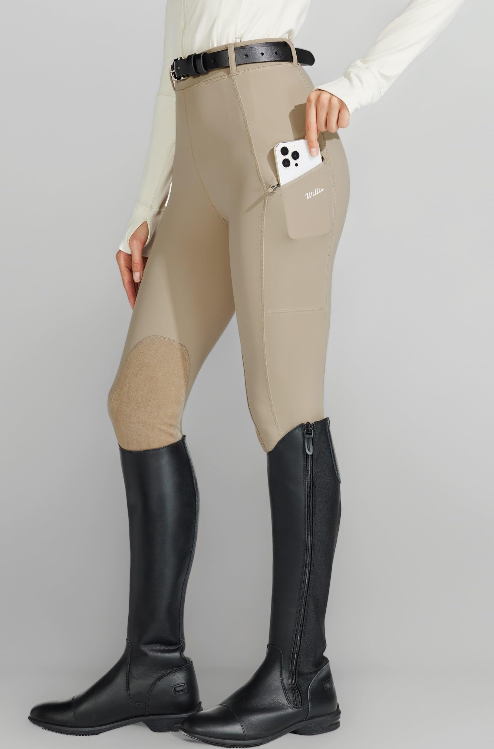 Willit Women's Riding Tights Knee-Patch Breeches Equestrian Horse Riding Pants Schooling Tights Zipper Pockets