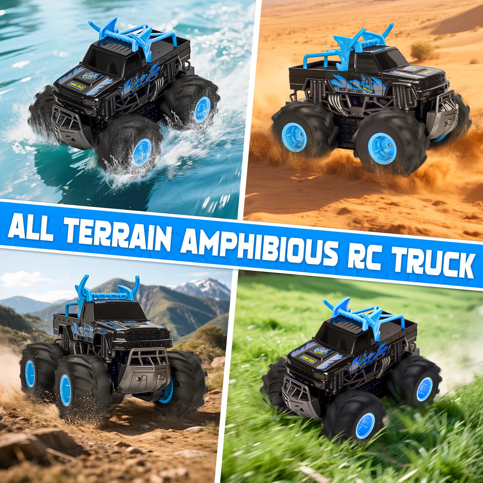 BainGesk Waterproof Remote Control Monster Truck Toys, 1:16 RC Car, 2.4GHz 4WD All Terrain Car Toys with 2 Rechargeable Batteries, Off-Road Truck Gifts for 6, 7, 8, 9, 10, 11, 12 Year Old Boys