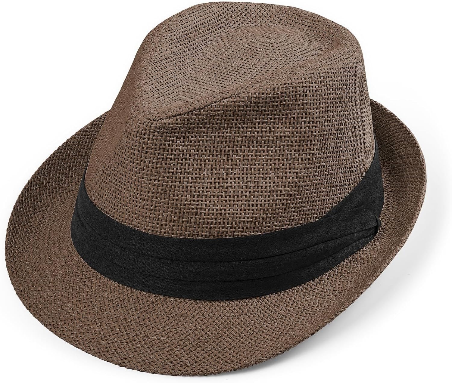 XIUNYIE Straw Trilby Fedora Hat for Men Women 1920s Panama Hat Short Brim Summer Beach Sun Hat, Coffee, L