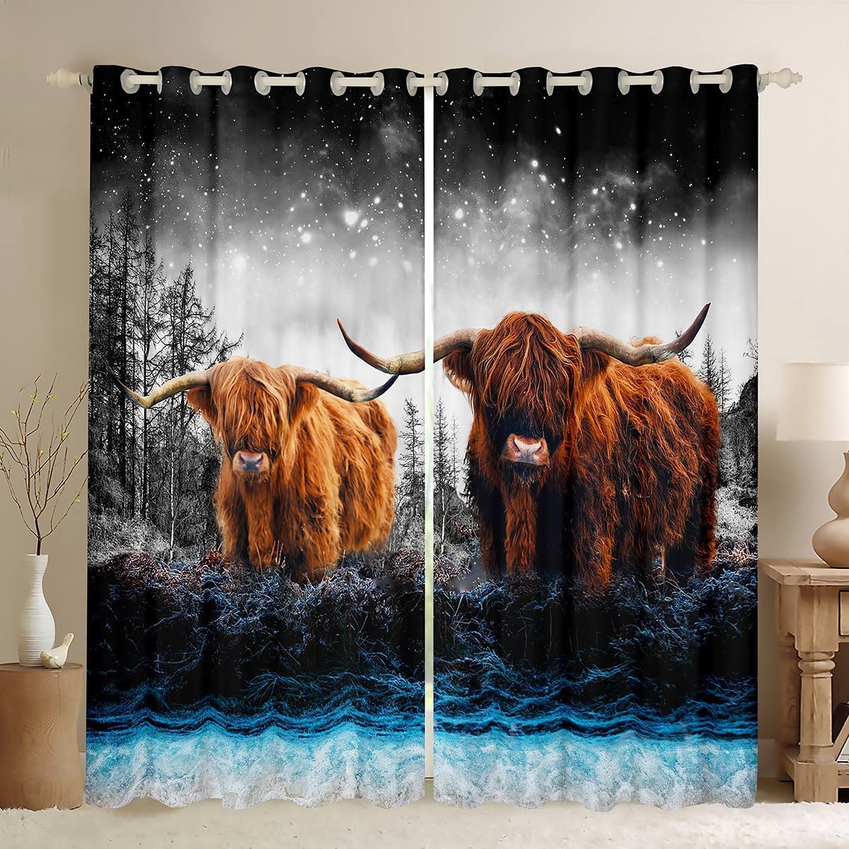 Highland Cow Window Drapes Highland Cattle Curtains for Kids Boys Girls Farm Animal Window Curtains for Bedroom Living Room Soft Durable Window Treatments W46*L54