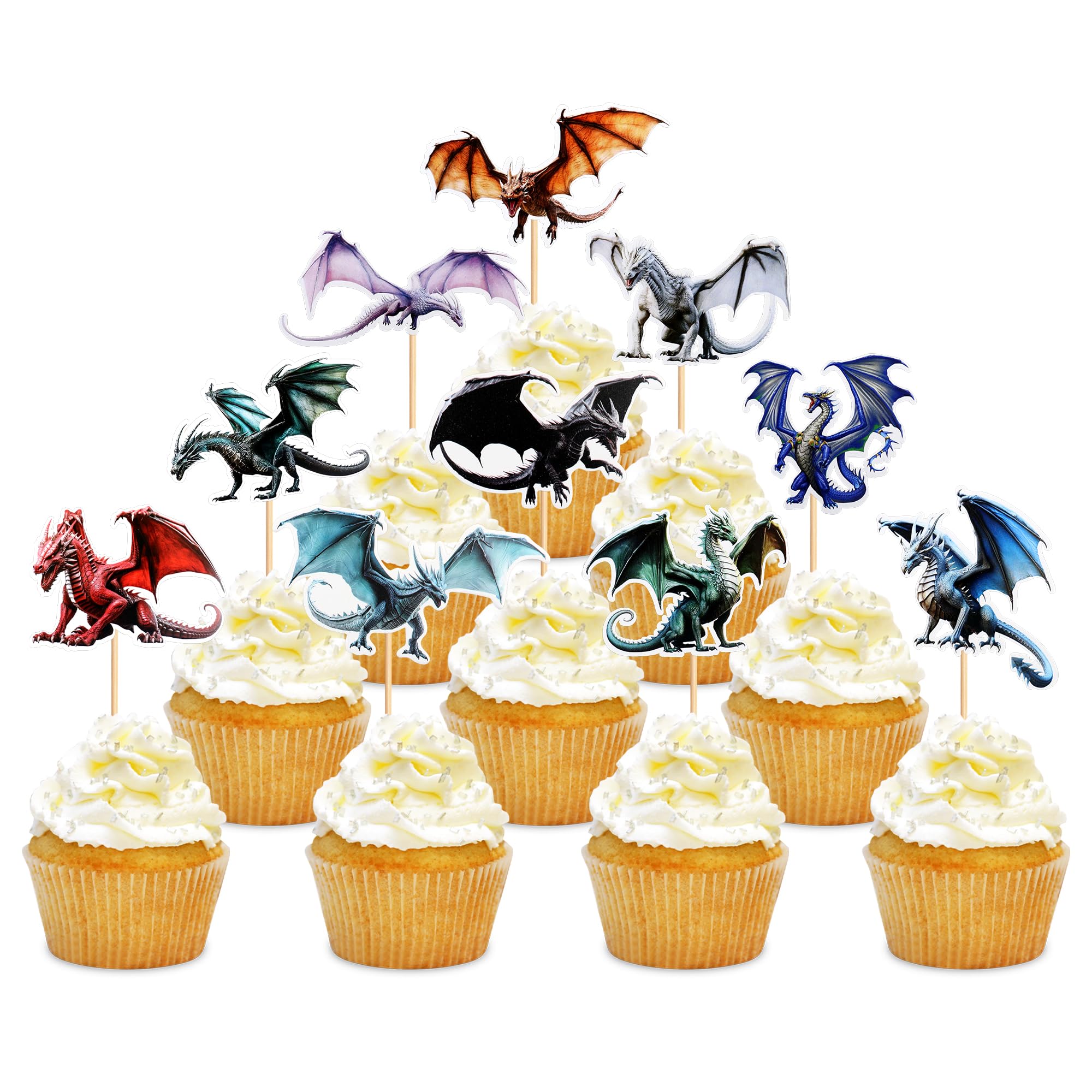 JeVenis – 24 Toppers Cupcake Dragon En Carton Pailleté, Décoration De Gâteau Chevalier Et Dragon Pour Fête D'anniversaire