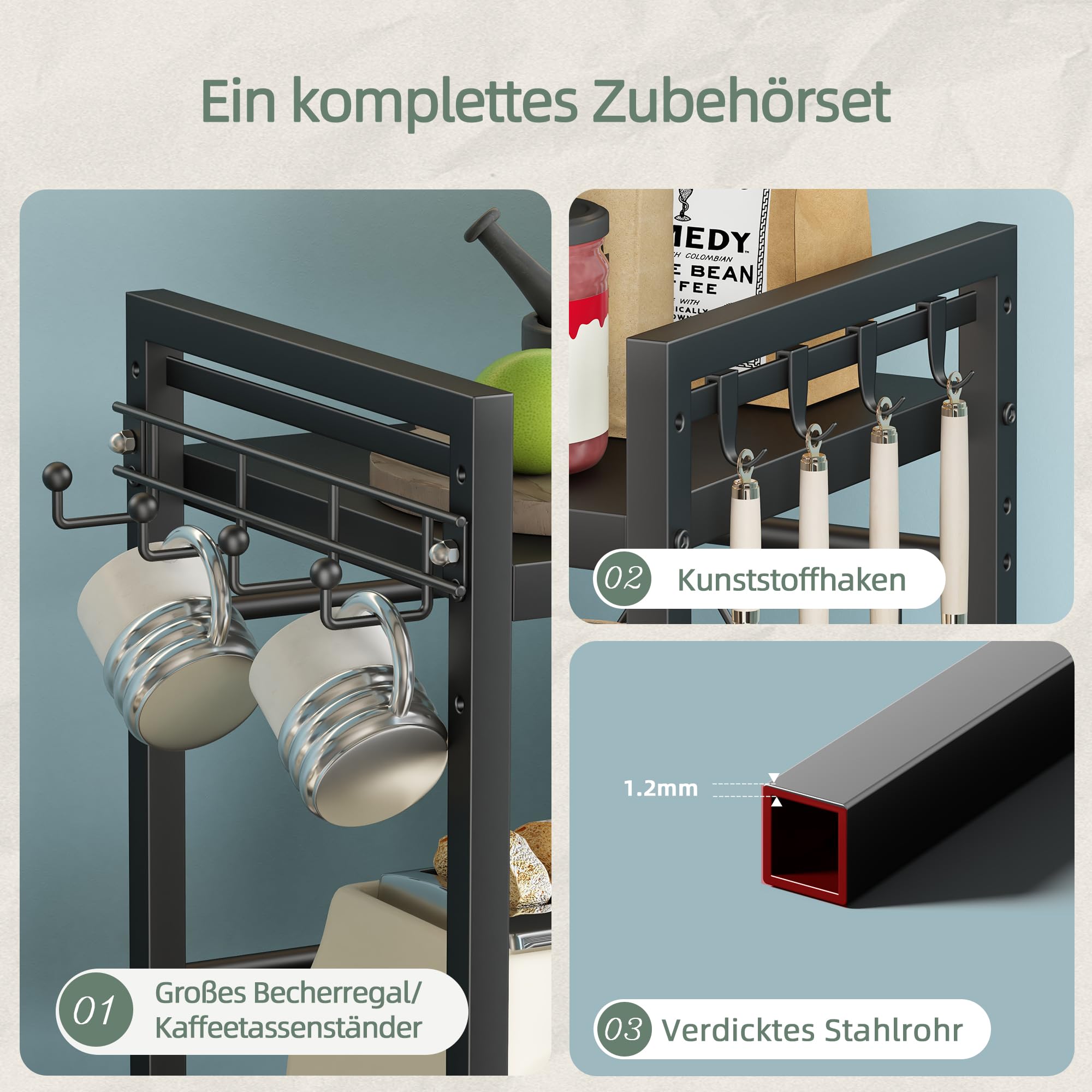 NETEL Verstellbares Mikrowellen Regal 3-stufig, Regal über mikrowelle, küchenregal stehend für arbeitsplatte,Bäckerregale, küchenregal mit 2 Getränkehalter,schwarz, Ausziehbar 40-64cm