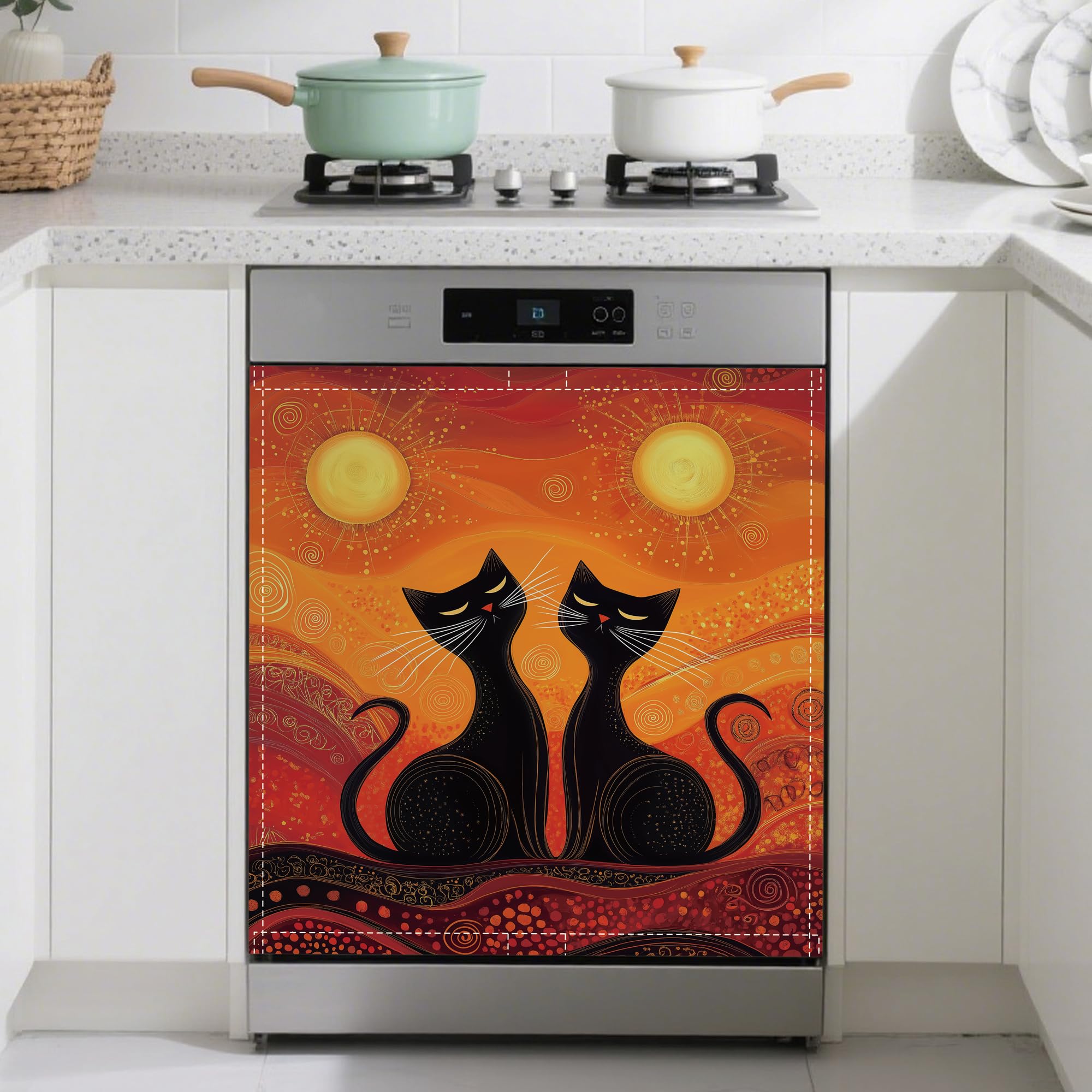 Black Cat Magnetic Dishwasher Cover,Ethnic Sun Dishwasher Covers for The Front Magnetic Dishwasher Panel Decal Cover for Kitchen 23x26inch
