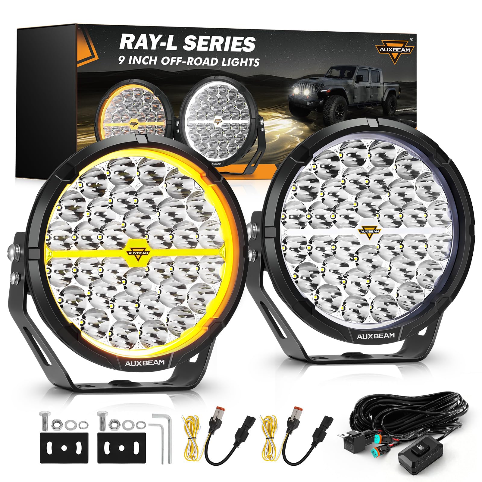 Auxbeam RAY-L Series 9 Inch Round LED Offroad Light with Amber White DRL | 318W 34180LM LED Driving Lights, Spot Beam Off Road Lighting, Dual Color Spotlights, 9" Pod Lights for Jeep Truck Pickup ATV