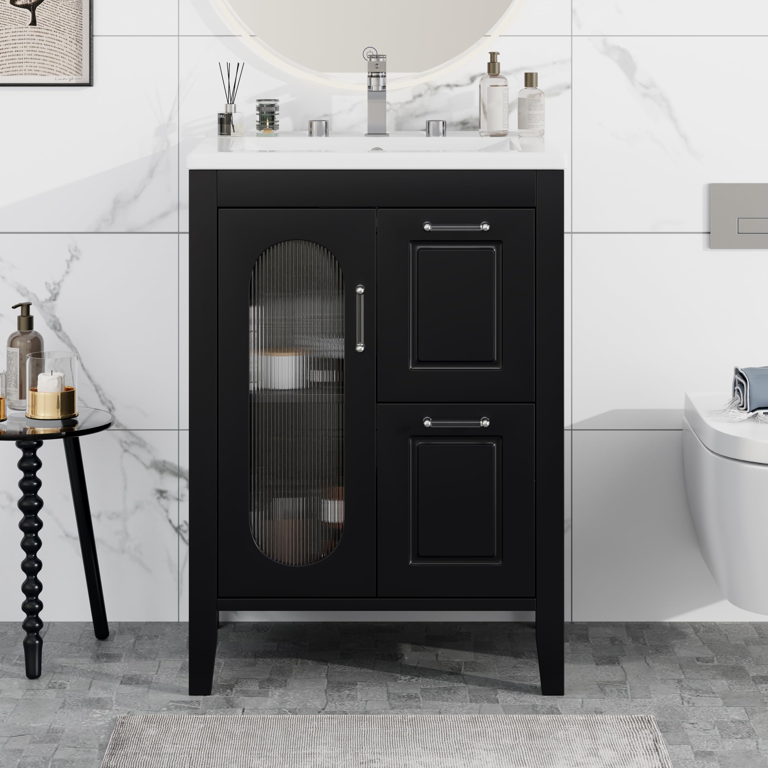 24" Bathroom Vanity with Sink Set, Storage Cabinet with Moru Glass and Two Drawers, Adjustable Shelf, Black