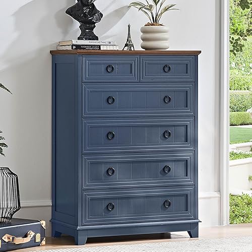 Miniatura 23 de Cómoda rústica de 5 cajones para dormitorio, cómoda pequeña de 33.2 pulgadas de alto y cómoda, cómoda de madera rústica con mango de metal, Conjunto