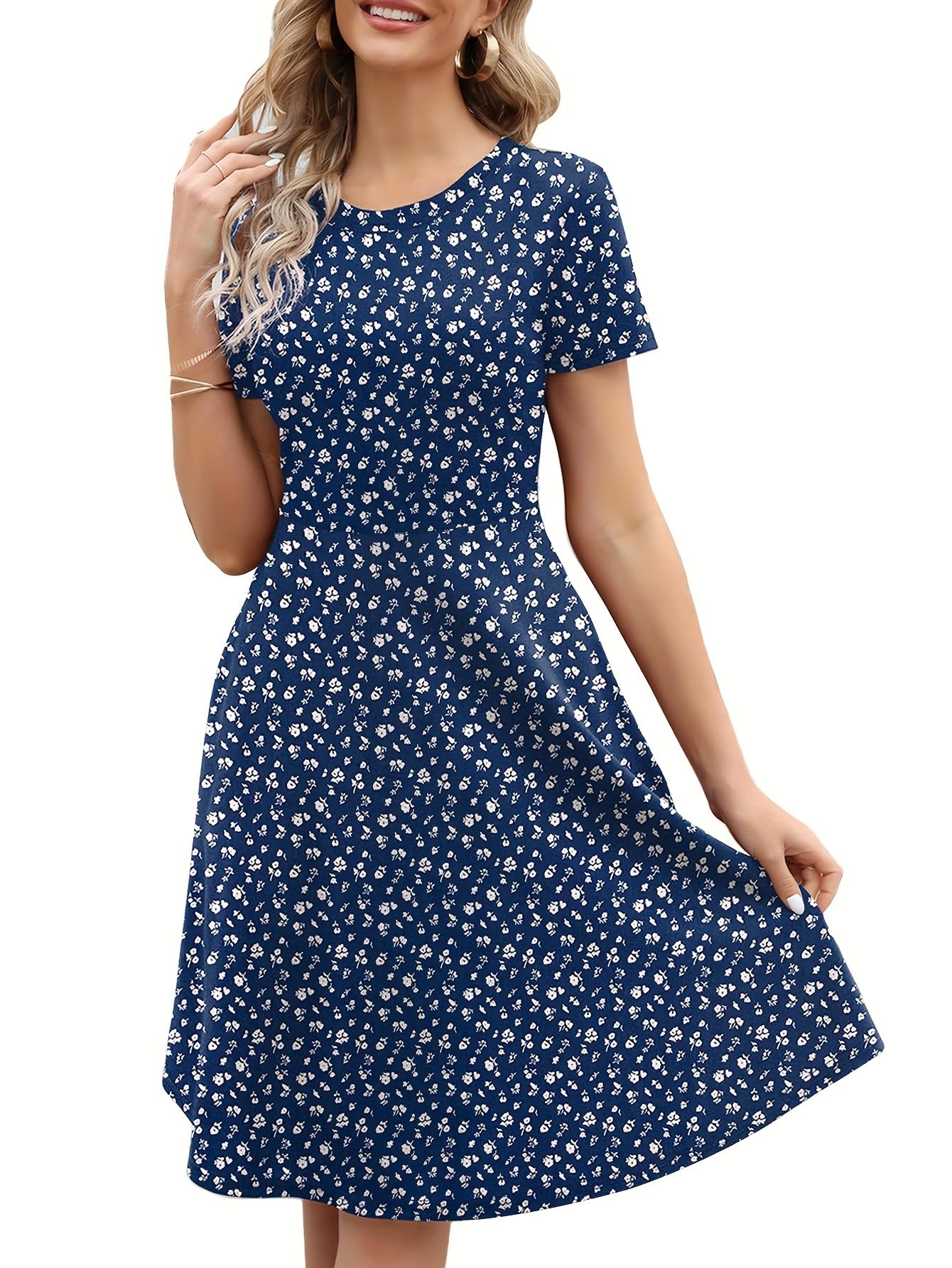 Women's Elegant Knee Length Dresses Vintage 50s Office Casual Floral Print Work Party A-Line Swing Dress with Pockets 162