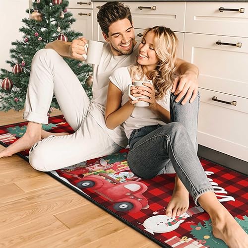 Miniatura 7 de Buffalo - Juego de 2 alfombras de cocina de Navidad con diseño de camión rojo a cuadros, antideslizantes, lavables, suaves y cómodas (17 x 47