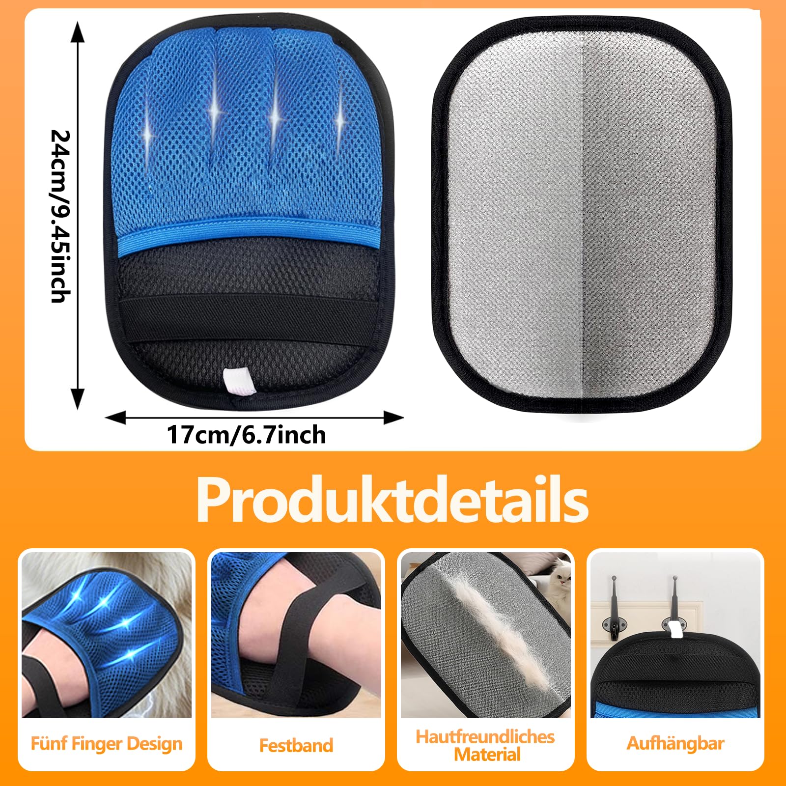 Gant Anti Poils Animaux, Epaissi Électrostatique Gant Anti Poil Chat pour Enlever Les Poils des Chien Qui Tombent sur Le Vêtement Canapé Tapis Siège Auto, Réutilisable & Écologique (Bleu Foncé)