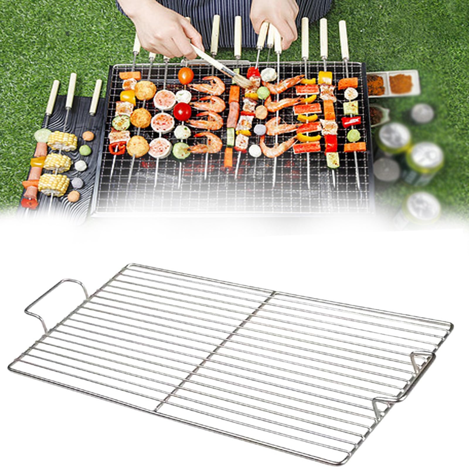 Siatka do grillowania ze stali nierdzewnej z uchwytem, łatwe czyszczenie, pogrubiony stojak do gotowania, kwadratowy otwór, 80, 100 cm, idealna do grillowania na świeżym powietrzu