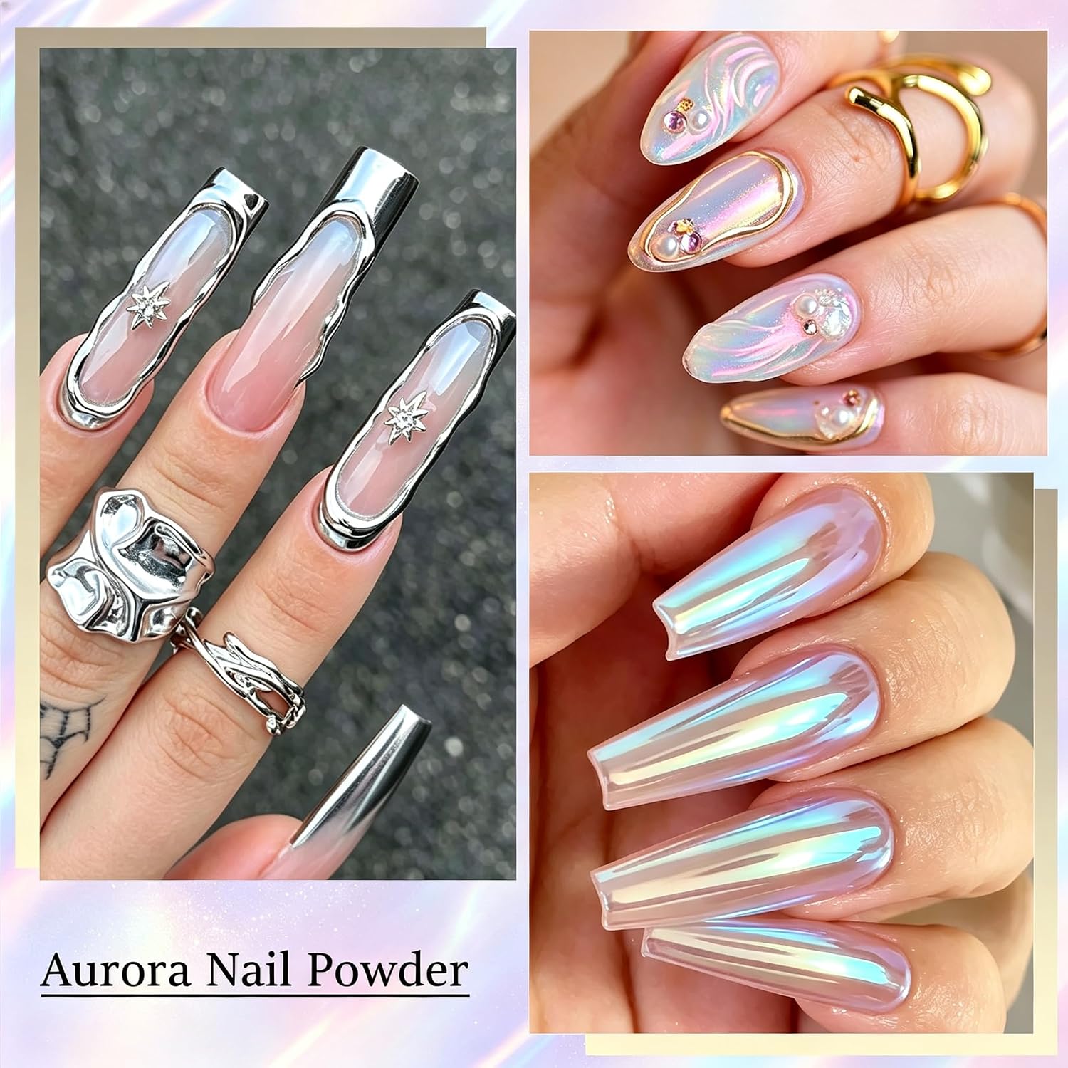 Aurora Chrome Nail Powder, 8pcs Iridescent Mirror Effect with Sponge Sticks