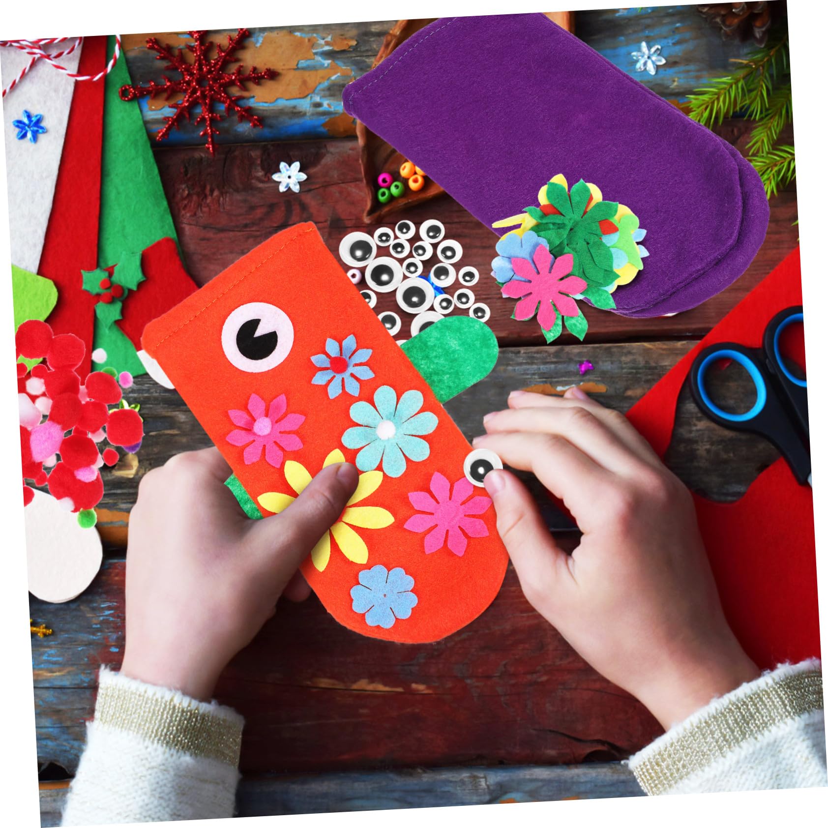 VANZACK Kit Marionetta da Mano in Morbido con Pompom e Occhi Colorati per Creazione Burattini Animali Cartoon Accessori Creativi per Gioco di Ruolo e Teatrino