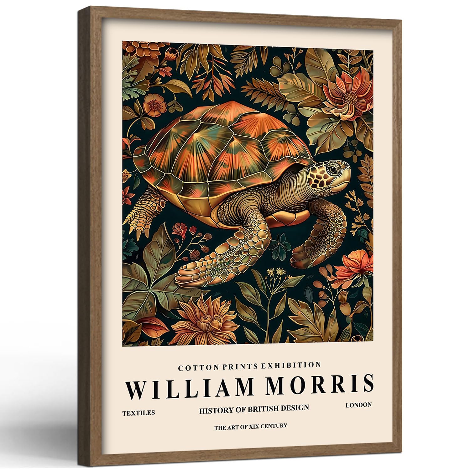 Turtle Wall Art Print Framed Wooden Frame Wrapped Poster William Morris Style Botanical Artwork Vintage Nature Image Gallery Wall Decor For Home And Office 12x16 Inch