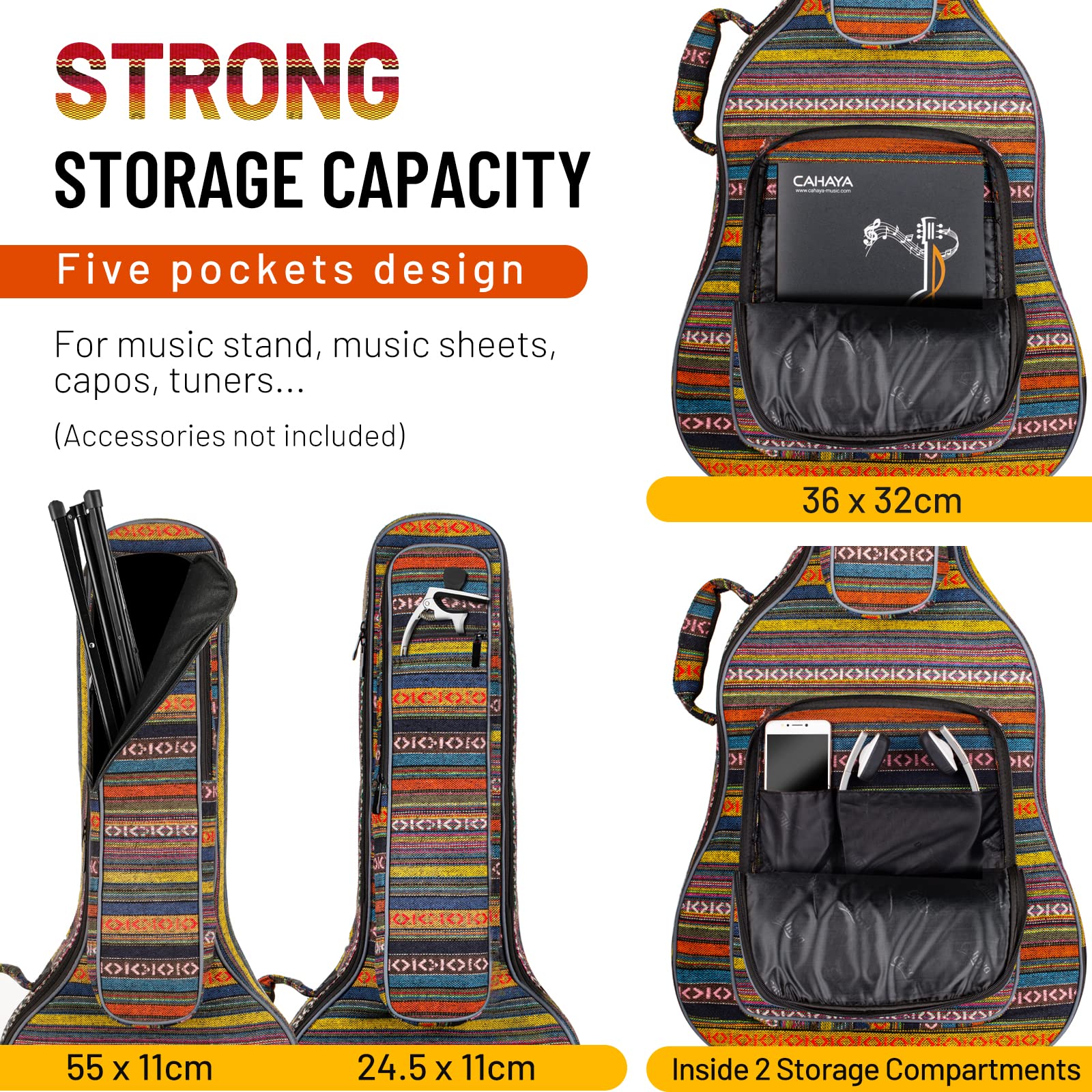 CAHAYA Funda para Guitarra Estilo Bohemia Bolsa Guitarra Clasica Acústica Acolchada de 15,6mm con 3 Bolsillos para Guitarra de 40 41 42 Pulgadas