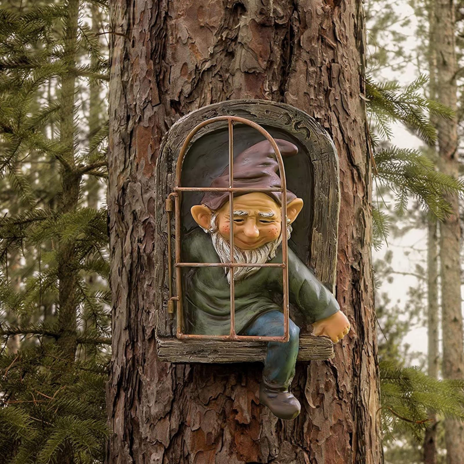 Gojoquanzhou 12 Inch Garden Gnome Statue Elf Outdoor Tree Sculpture, Elf Out The Door Tree Hugger, Funny Garden Yard Art Wall Fence Sculptures