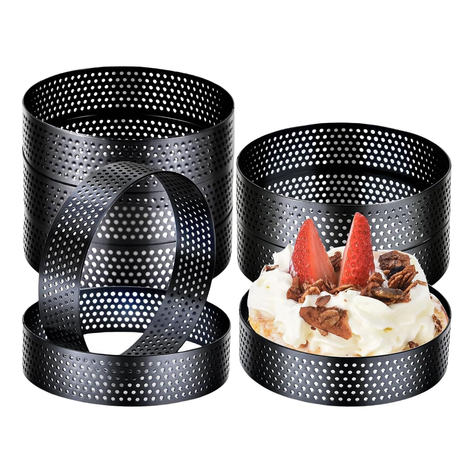 Shurhome Of 8 Stainless Steel Pastry Molds with Venting Holes Dessert Rings 3.94inch Diameter Suitable for Efficient Baking Nonstick Pastry Baking Rings