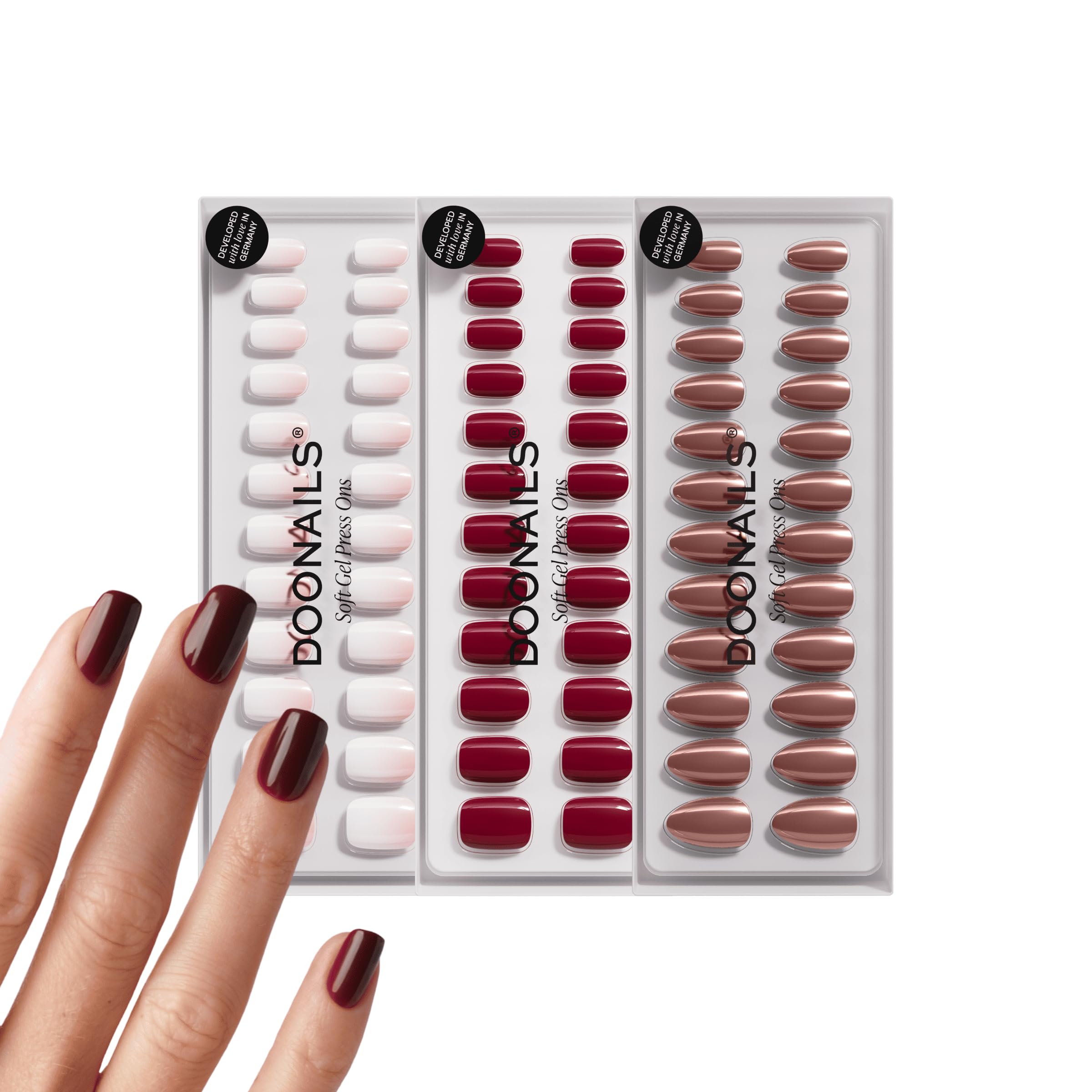 DOONAILS Press On Nails 3x30 Stück Find Your Shape Set – Babyboomer, Love Paris & Glazed Chocolate – Short Square, Round & Almond Soft Gel Nägel Full Cover Natürlich & Wiederverwendbar