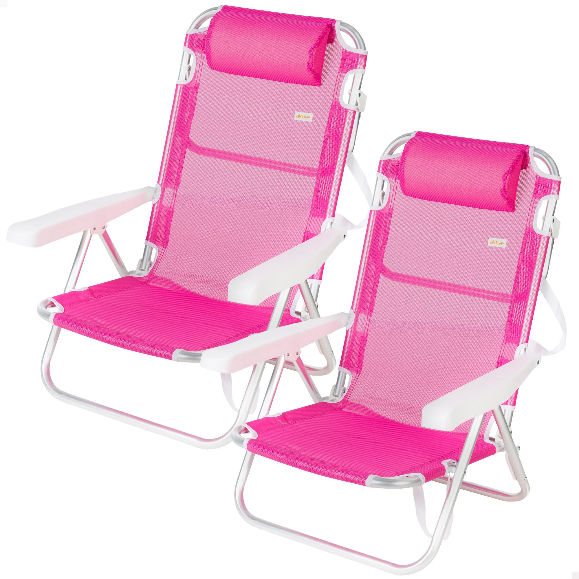 AKTIVE Lot de 2 chaises de Plage Basses Multipositions 5 Positions en textilène avec Coussin, Aluminium léger, jusqu'à 110 kg, Pliables avec poignée, Fuchsia (85524)