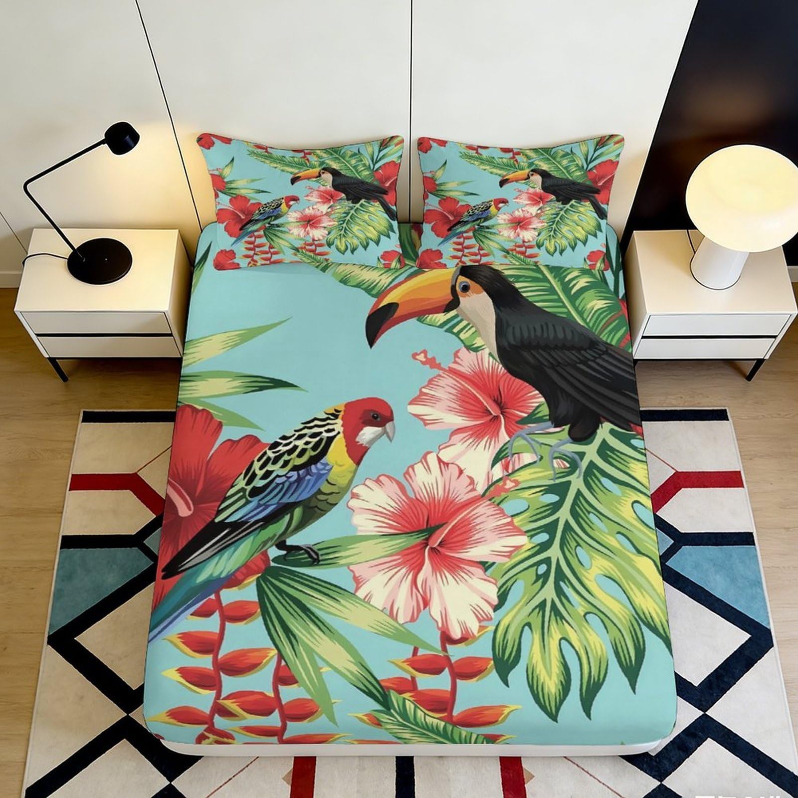 3D Printed Tropical Parrot Fitted Sheet Microfiber Soft Toucan Mattress Cover Anti-Slip for Bedroom Guest Room Decor 90x200x25cm