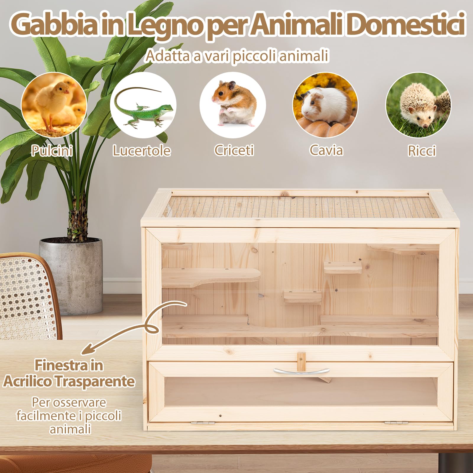 COSTWAY Gabbia per Criceti, Gabbia Criceti in Legno con Tetto Ribaltabile in Rete, Aree Multi-Scala, Rampa, Pannello in Acrilico e Porta Bloccabile, 60 x 35,5 x 42 cm