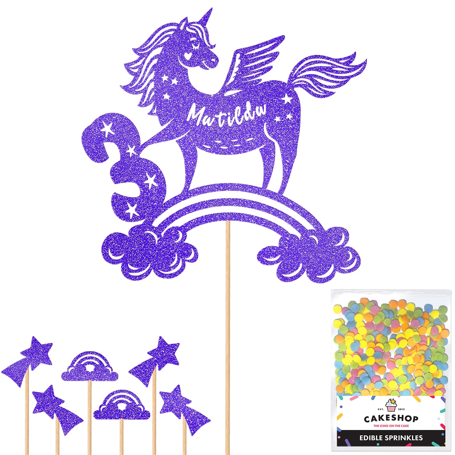 Personalised Unicorn Glitter Cake Topper- Bright Blue Any Custom Age & Name Glitter Cake Decoration and Sprinkles - Happy Birthday Decorations - Personalised Toppers for Cakes by Cakeshop — image 1