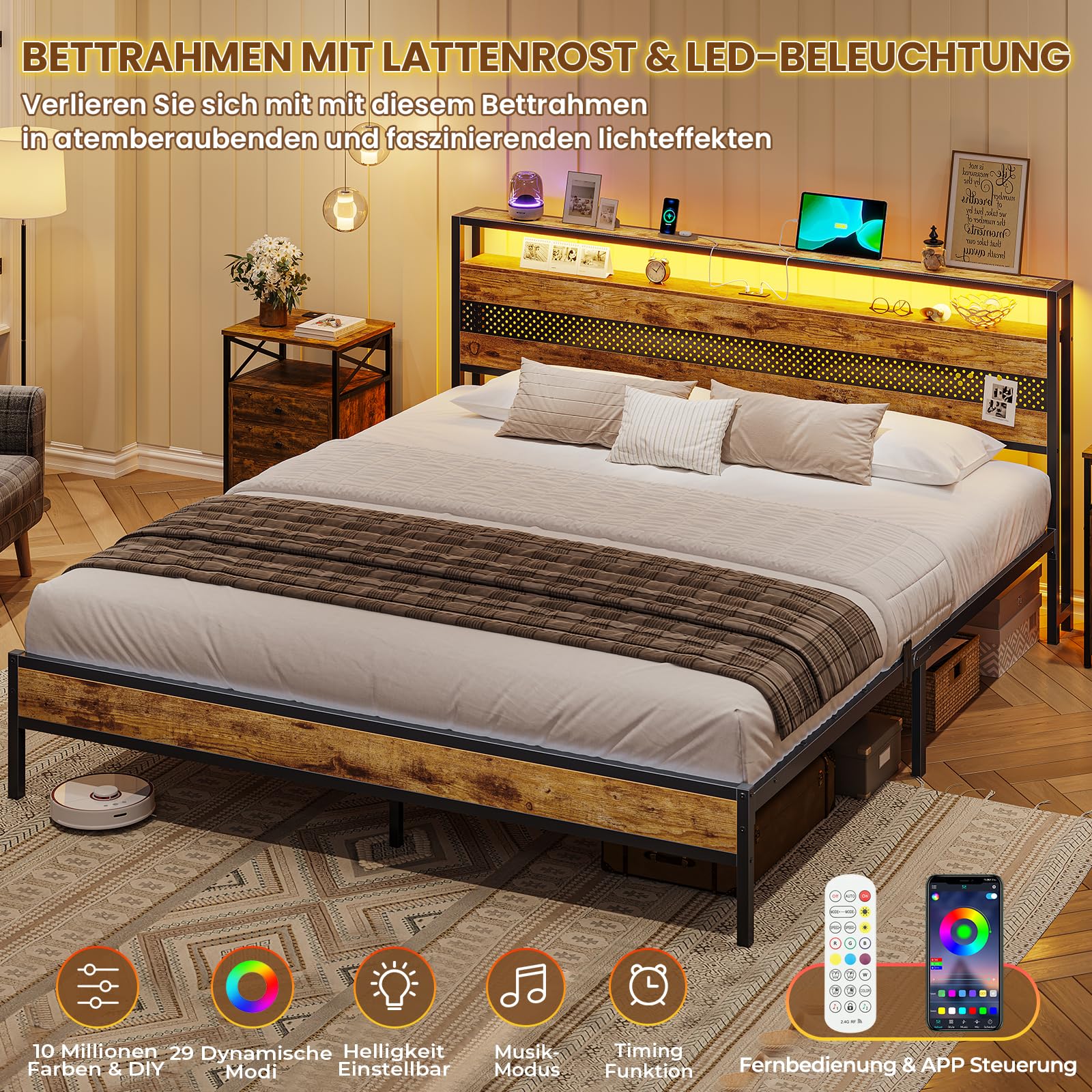 Letto 160 x 200 cm, con rete a doghe in metallo, struttura del letto in metallo con presa e funzione di ricarica USB, letto matrimoniale con spazio di archiviazione, letto basso, letto per giovani