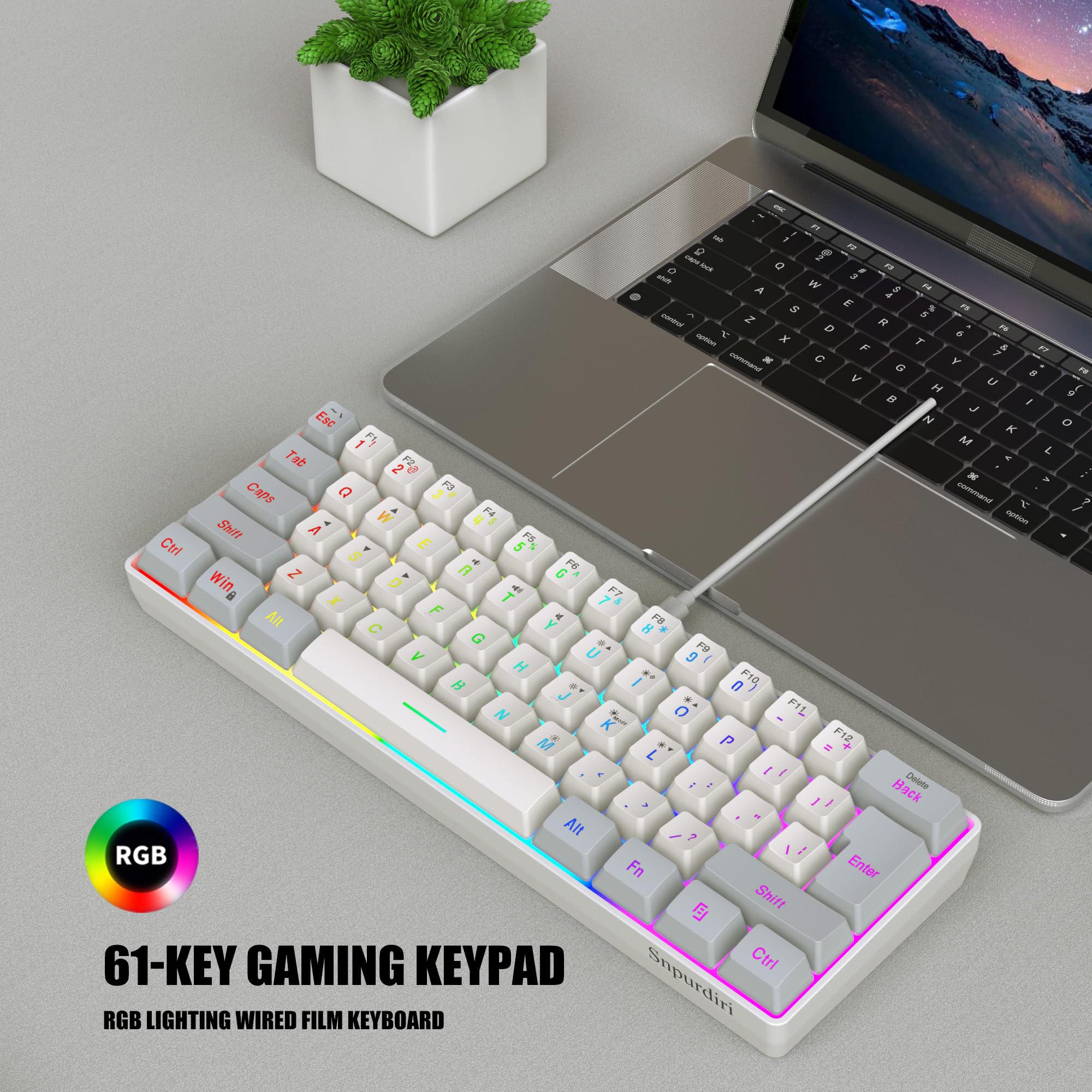 Snpurdiri 60% Wired Gaming Keyboard, 61 Keys RGB (Grey-White) view 9