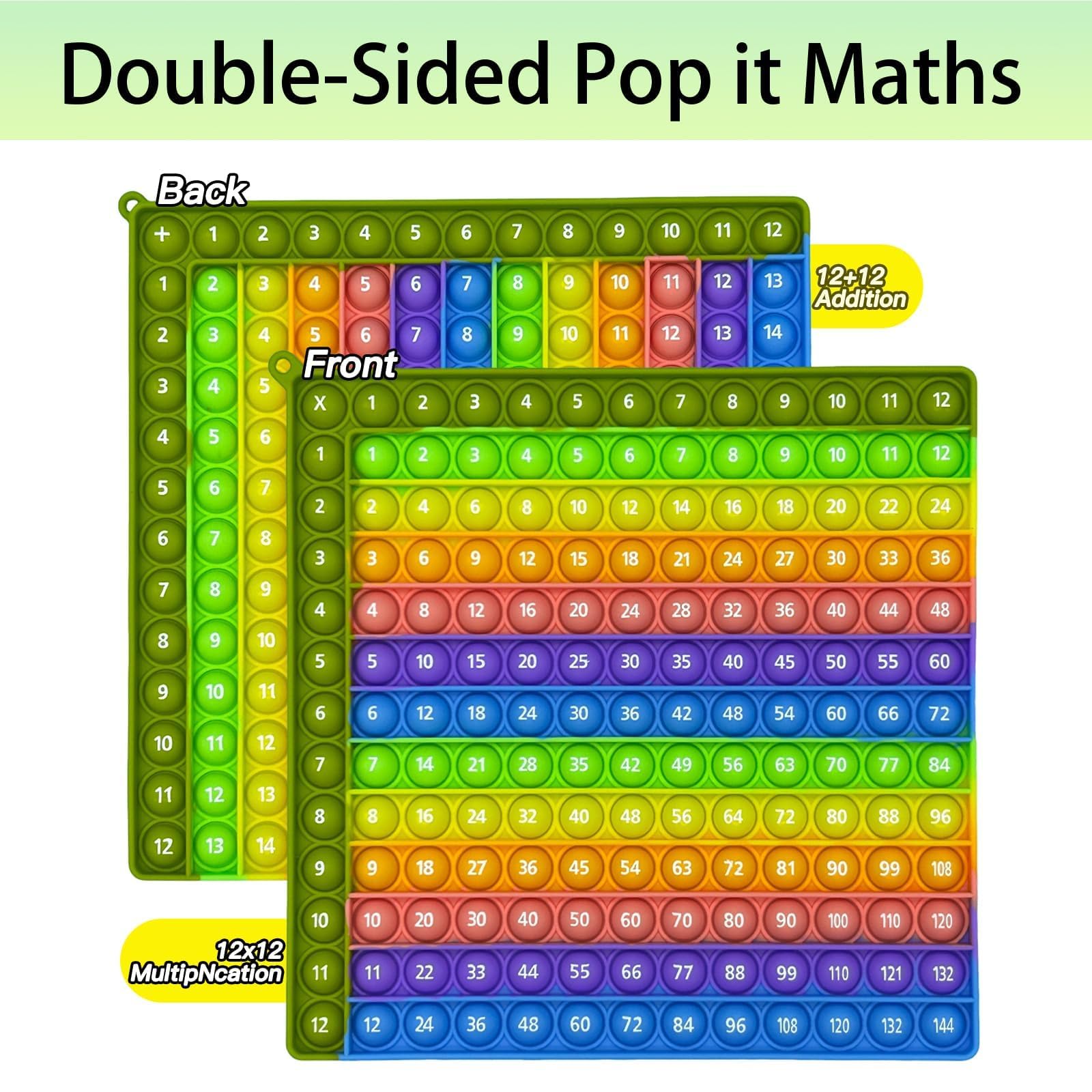 Times Table Poppet 12x12 Math Fidget Toy Double Side Multiplication Popper Addition Poppet Fidget Toy Relieve Stress and Anxiety 12x12&12+12 (Green Edge Design 1-144) - Image 2