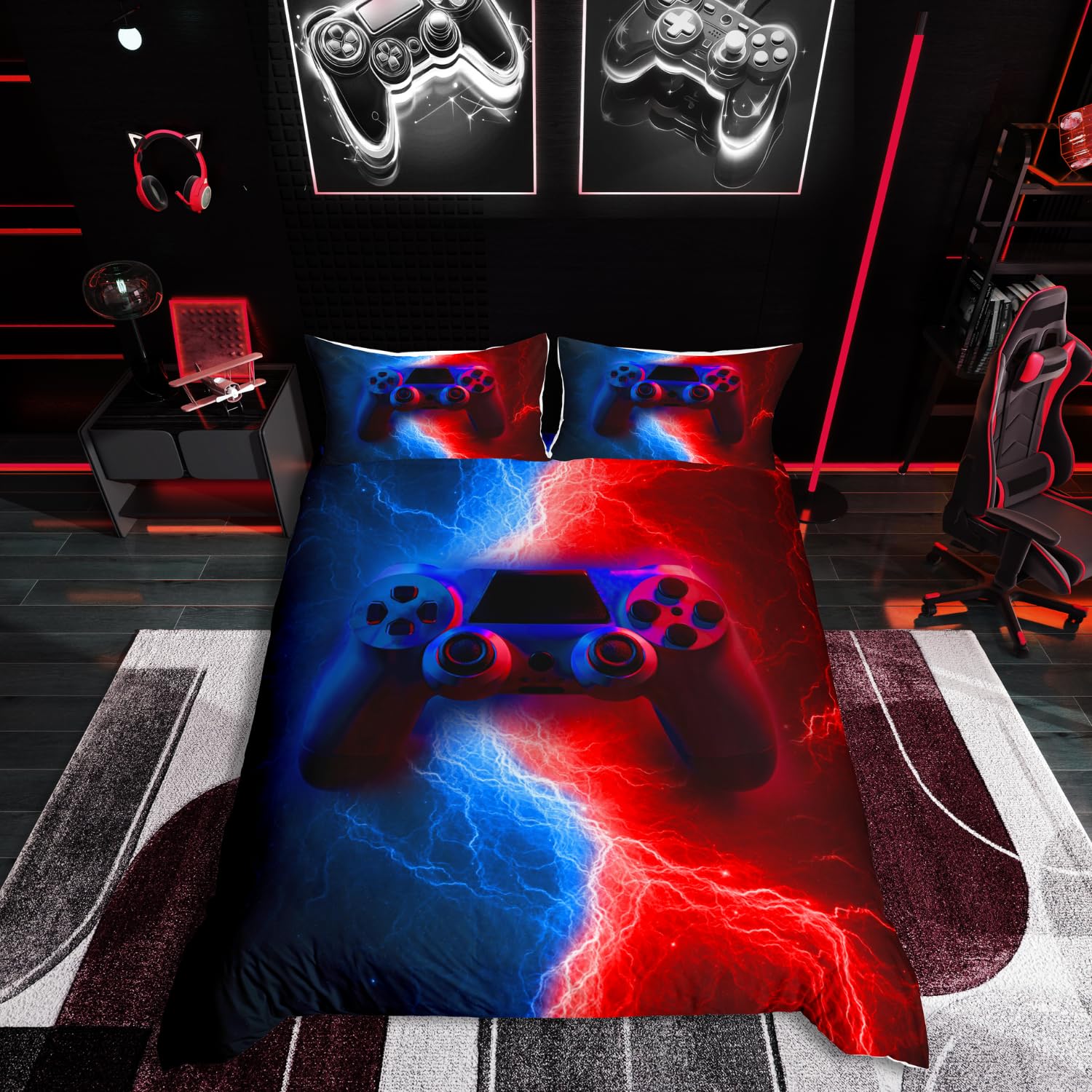 Homewish Gamer Gaming Bedding Sets Single Size,Lightnings Gamepad Duvet Cover, Video Games Comforter Cover for Kid Teens Boys and girls Man, Modern Bedroom Decor 2 Pcs Bedding Set,Red Blue