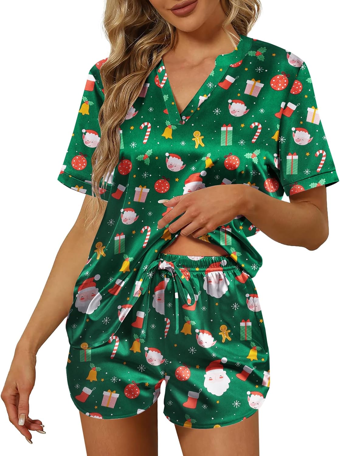 Ekouaer Silk Pajamas for Women Short Sleeve Satin Sleepwear Two-piece Pjs Set Soft V Neck Loungewear,S-XXL