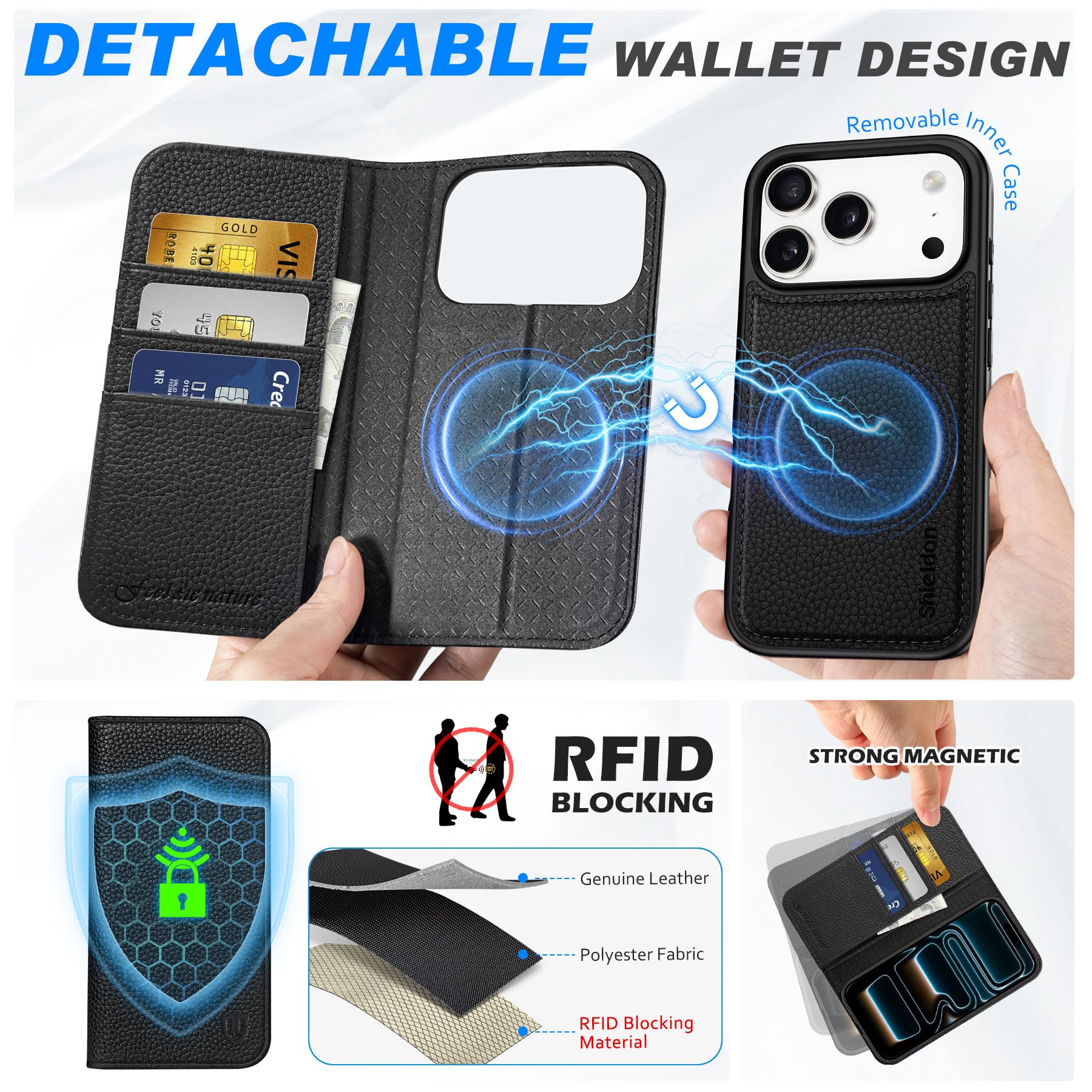 SHIELDON Funda Cuero Genuino para iPhone 17 Pro 6,3 Pulgadas 5G 2025, Funda 2 en 1 Estuche Magnético con Tarjetero [Bloqueo RFID][Función Stand] Capa, Litchi Grano Negro