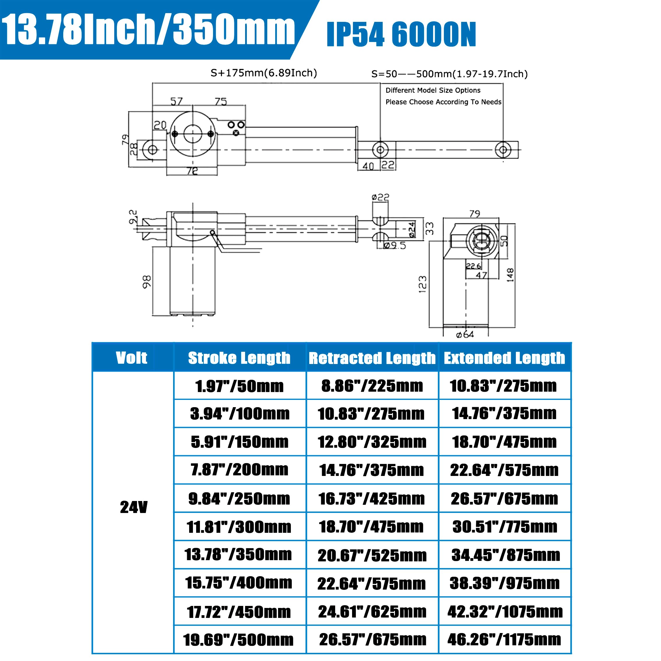 WYDDDARY 24V DC Electric Linear Actuator with Mounting Bracket 6000N/1320LB Heavy Duty Actuators Controller Stroke 13.78inch (350mm) Small Push-Rod Motor for Massage Bed TV Table Lift