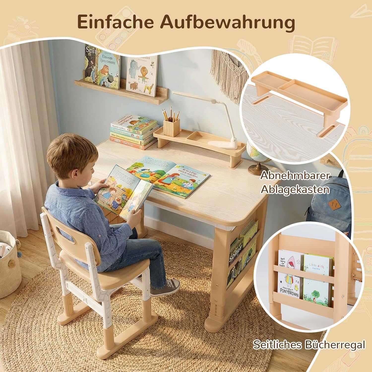 MAMIZO Höhenverstellbarer Kinderschreibtisch mit Stuhl Set, Schreibtisch Kinder mit Seiten-Bücherregal & Ablagekasten, Graffiti-Tisch von 3-12 Jahren, Ideal für Kinderzimmer & Arbeitszimmer (Gelb)