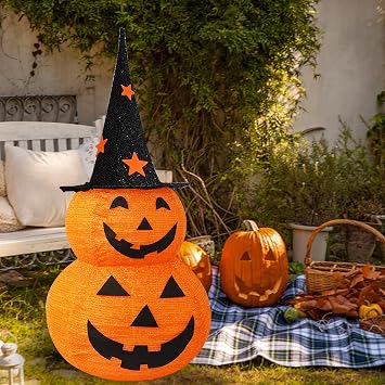 NEROSUN Halloween Decorations, 3 FT Pop Up Collapsible Pumpkin, Pre-Lit 50 LED Lighted Pupmkin Man with Star Hat, Jack o' Lantern with Metal Stand for Outdoor Indoor Garden Yard Home Party Decor