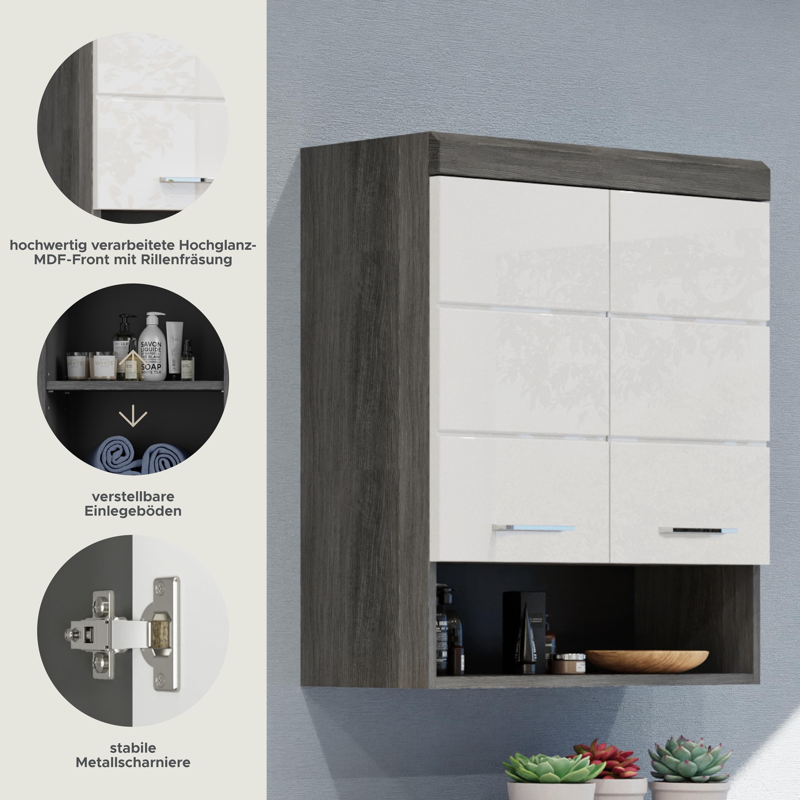 xonox.home - Hängeschrank Scout 74x79x24 cm in rauchsilber und weiß Hochglanz - Hängeschrank Wandschrank Schrank Badmöbel - stabile Konstruktion hochwertig verarbeitet robust und langlebig – Bild 6